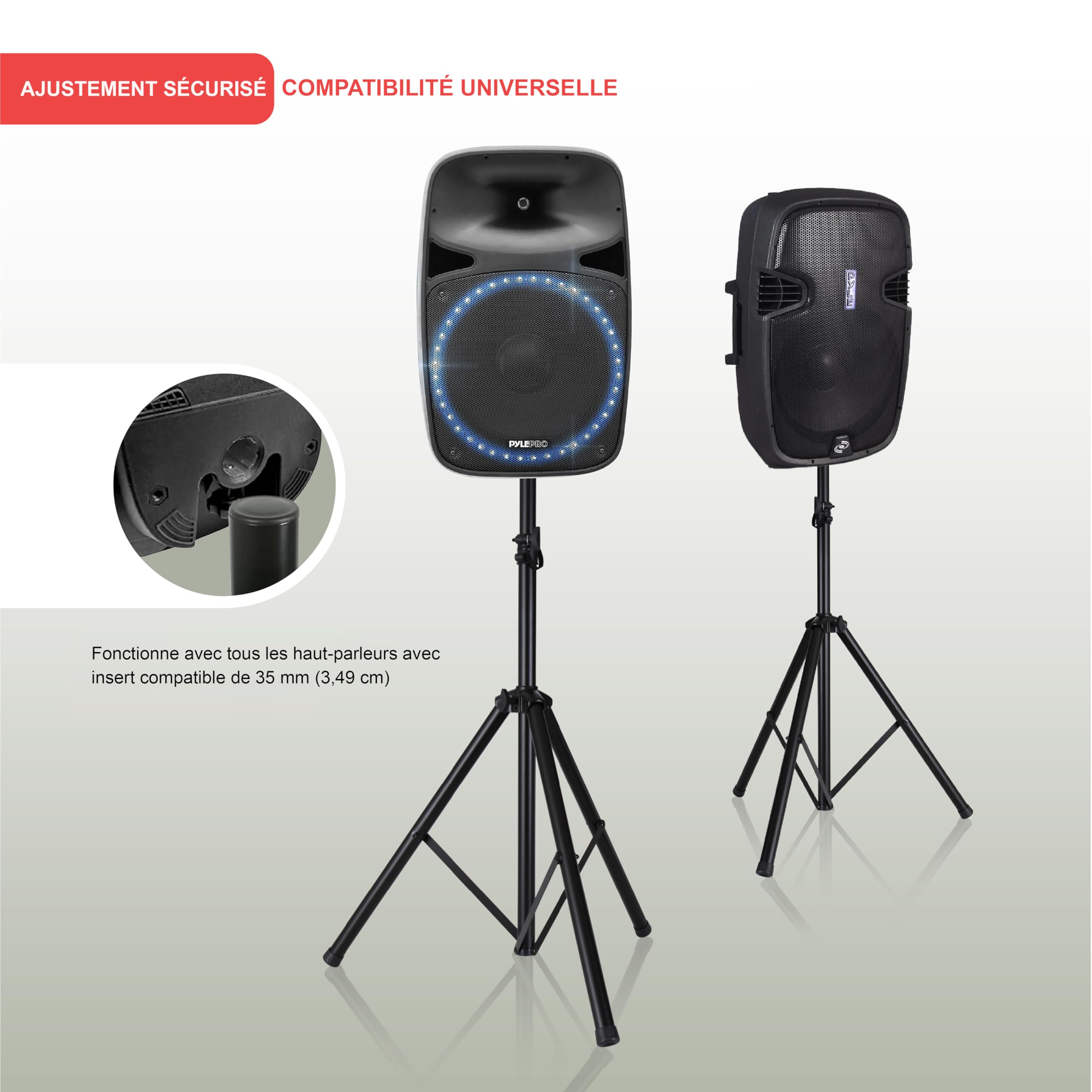 Pyle Pied d’Enceinte, Support Haut-Parleur universelle, Trépied robuste, Support d’Enceinte Pliable avec hauteur réglable de 100 à 180 cm, Insert 35 mm, Charge 60 kg, Noir