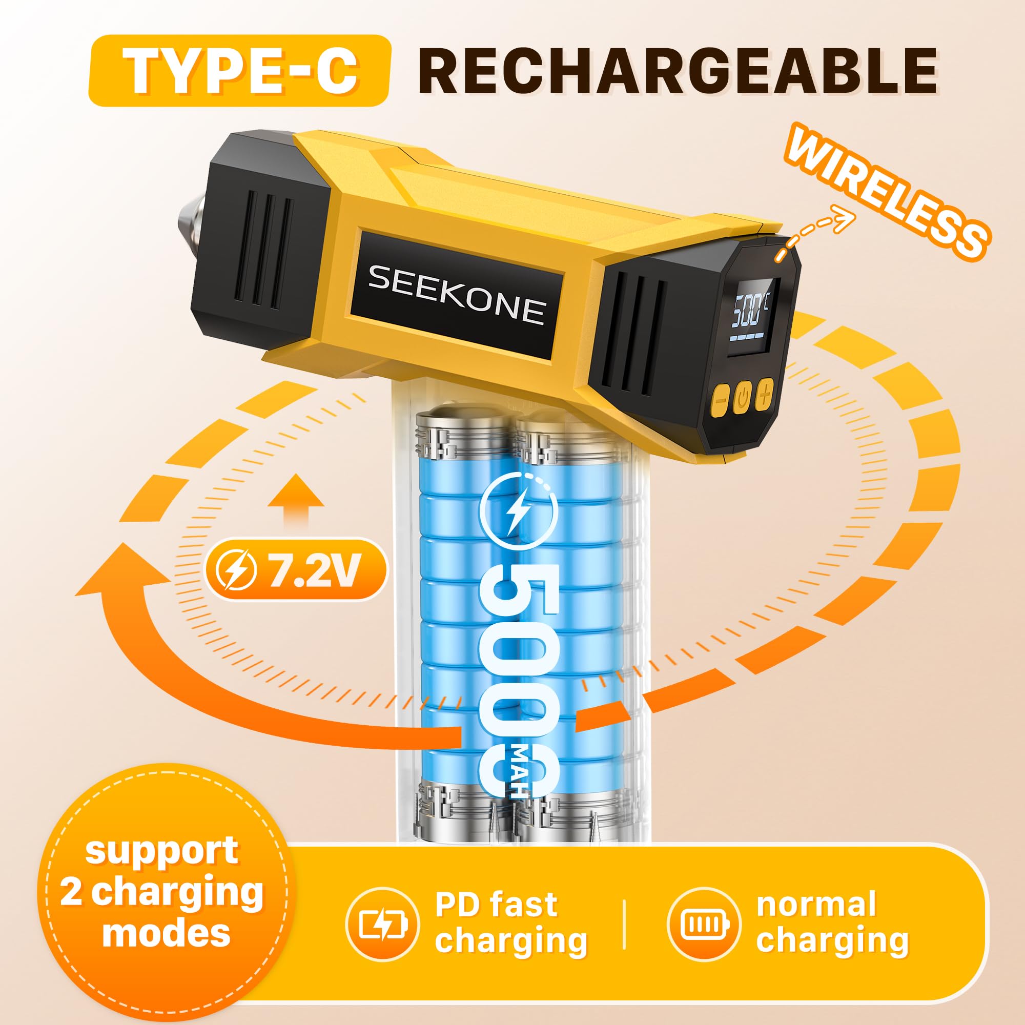SEEKONE 7,2V Kabellose Mini Heißluftfön, Mini Heißluftpistole mit variabler Temperaturregelung (100℃–500℃), 5000mAh, USB-Ladefunktion, LCD-Display, Speicherfunktion, Reflektordüse für Bastelarbeiten