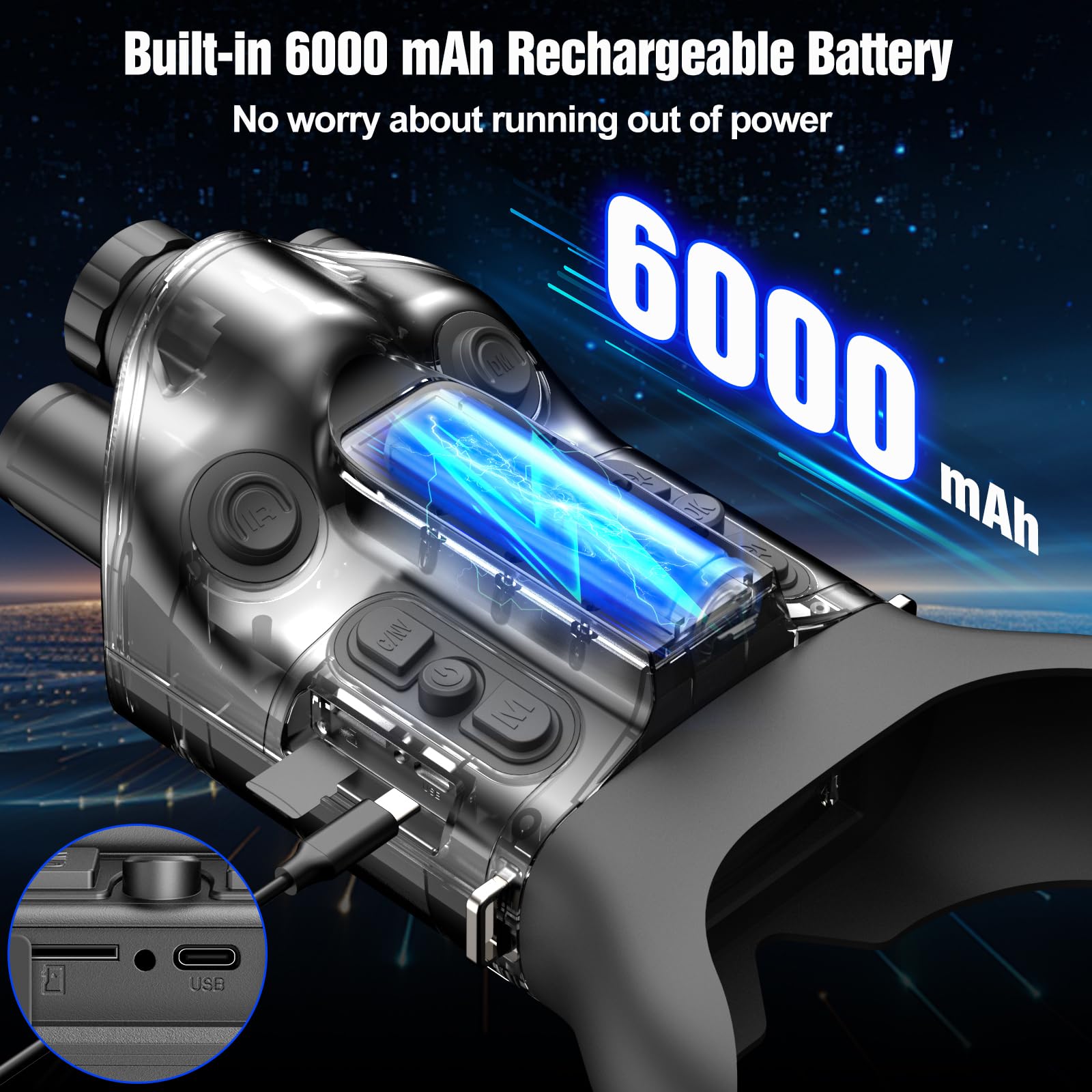 4K Visore Notturno Binocolo con Telemetro/Occhiali Montati sul Casco Visione Diurno, Montaggio sulla Testa,6000mAh 6X Zoom, Registrazione Foto e Riproduzione Video per Caccia Campeggio