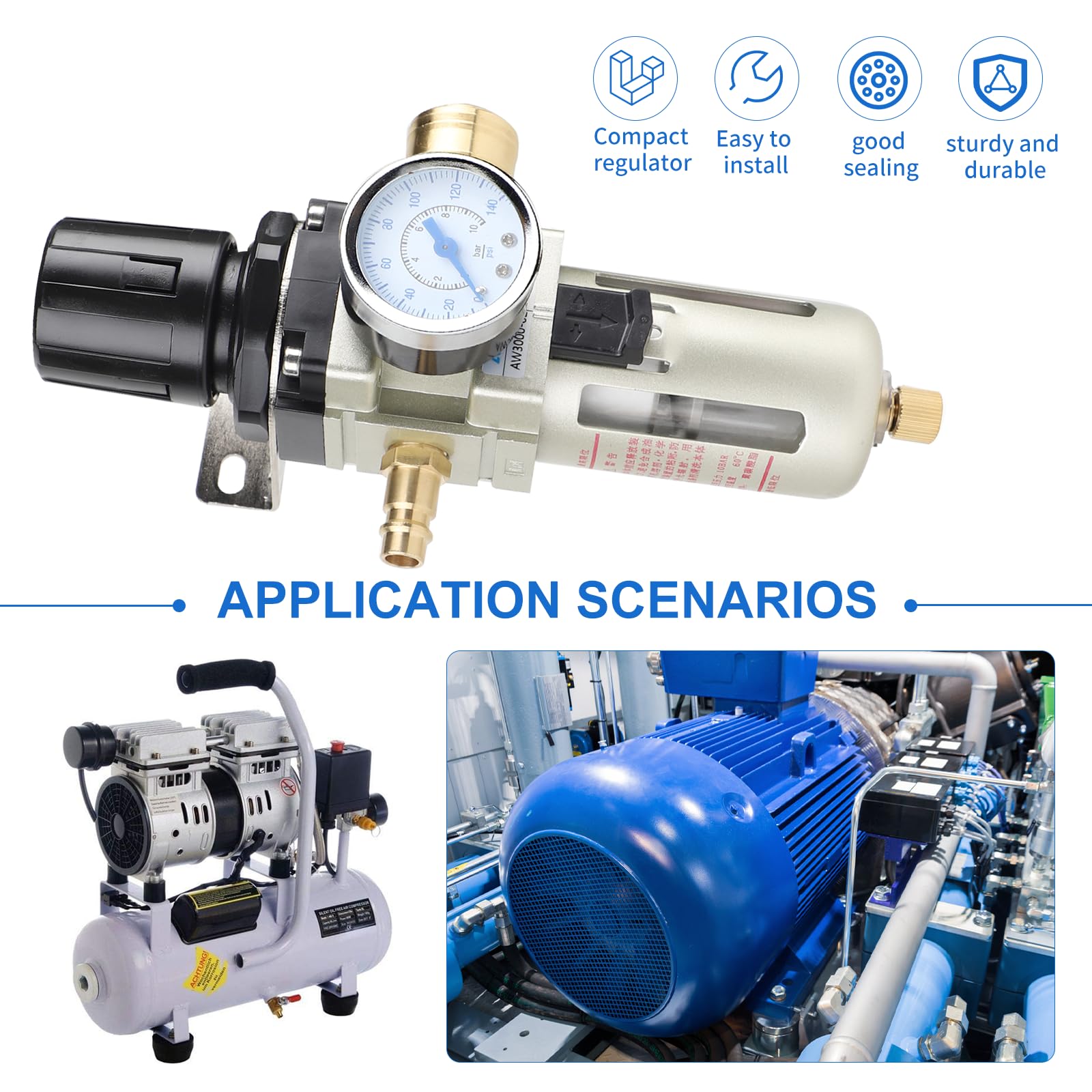 SWAWIS Reductor de Presión y Separador de Agua Aire Comprimido 3/8" Regulador de Presión