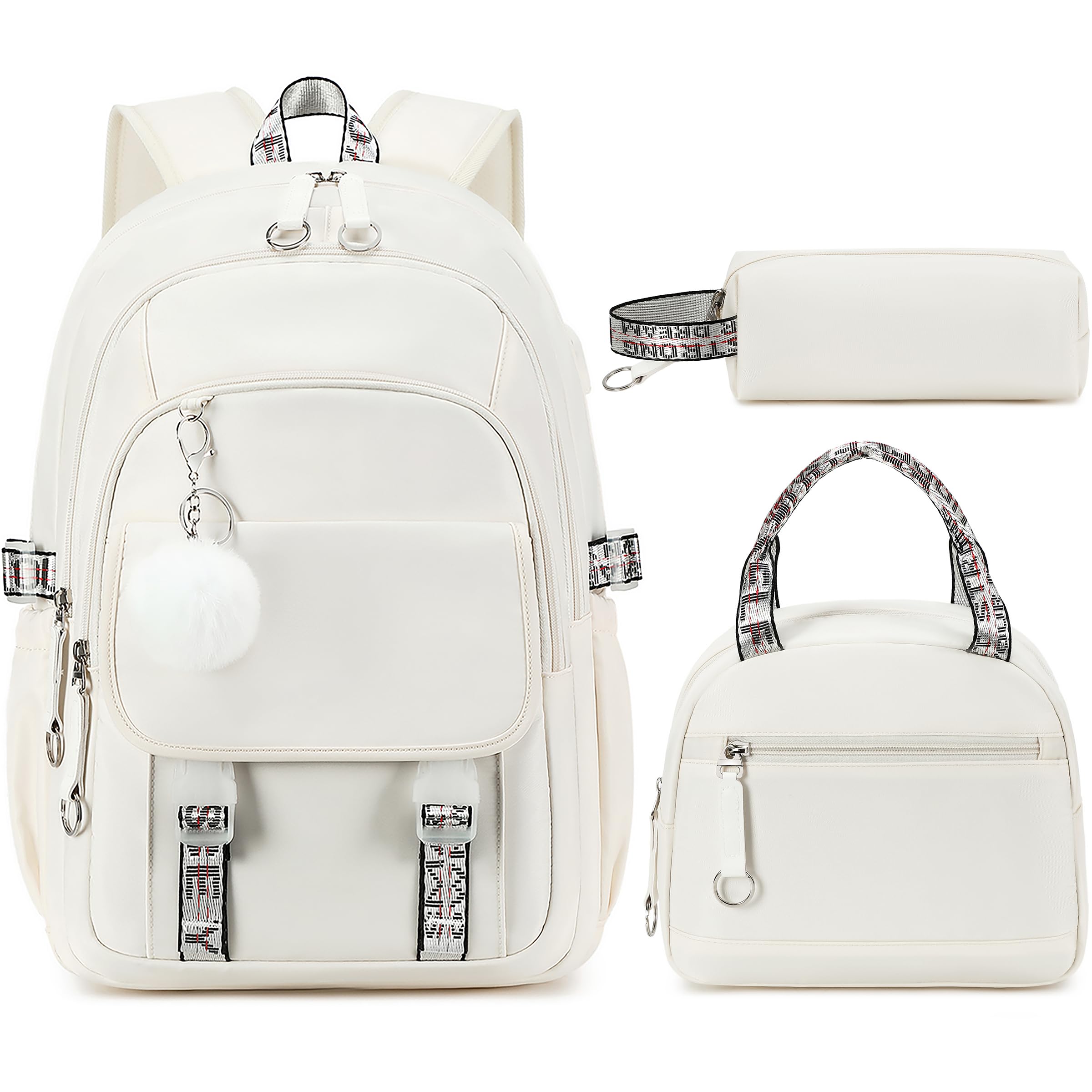 Backpack for Girls, Girls Backpack with Lunch Box and Pencil Case for Teen Kids Elementary Middle High School College Student, Children School Backpack Bookbag with USB Charging Port Beige