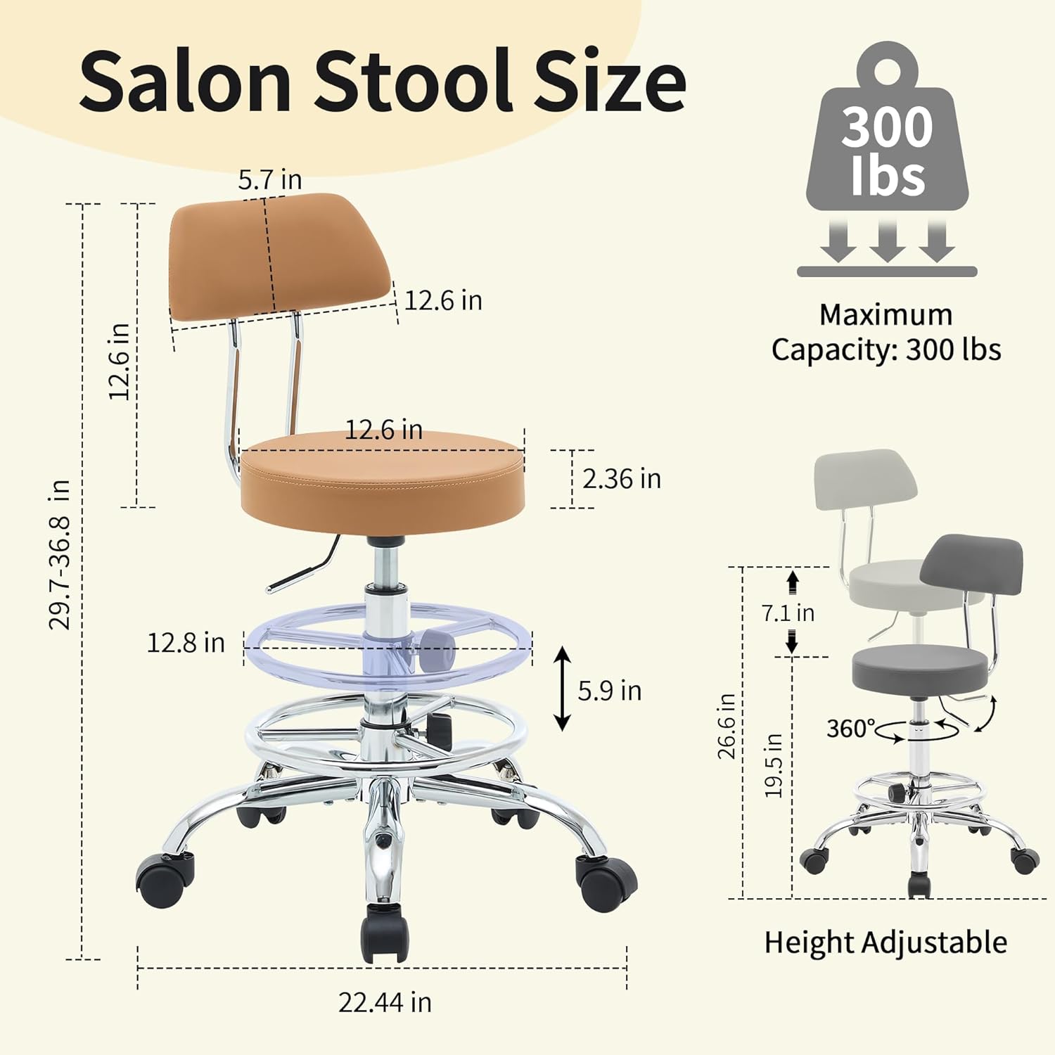 FIRAVOE Rolling Stool with Back, Adjustable Tattoo Rolling Chair 19.5"-26.6", Camel Brown Hairstylist Stool with Wheels (Camel Brown)