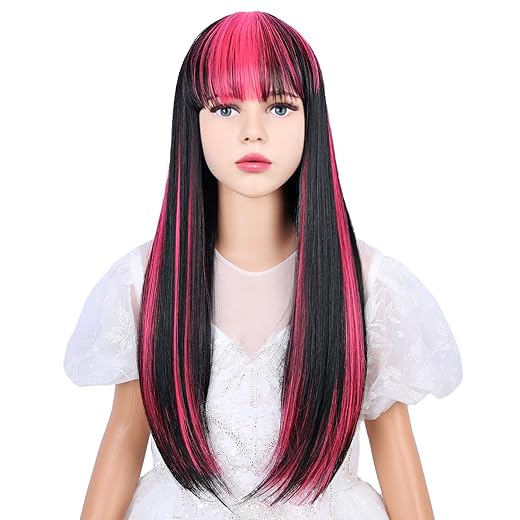 Black and Pink Wig with Bangs Kids Black Wigs with Pink Highlight Long Straight Wigs for Girls Daily Halloween Cosplay Wig