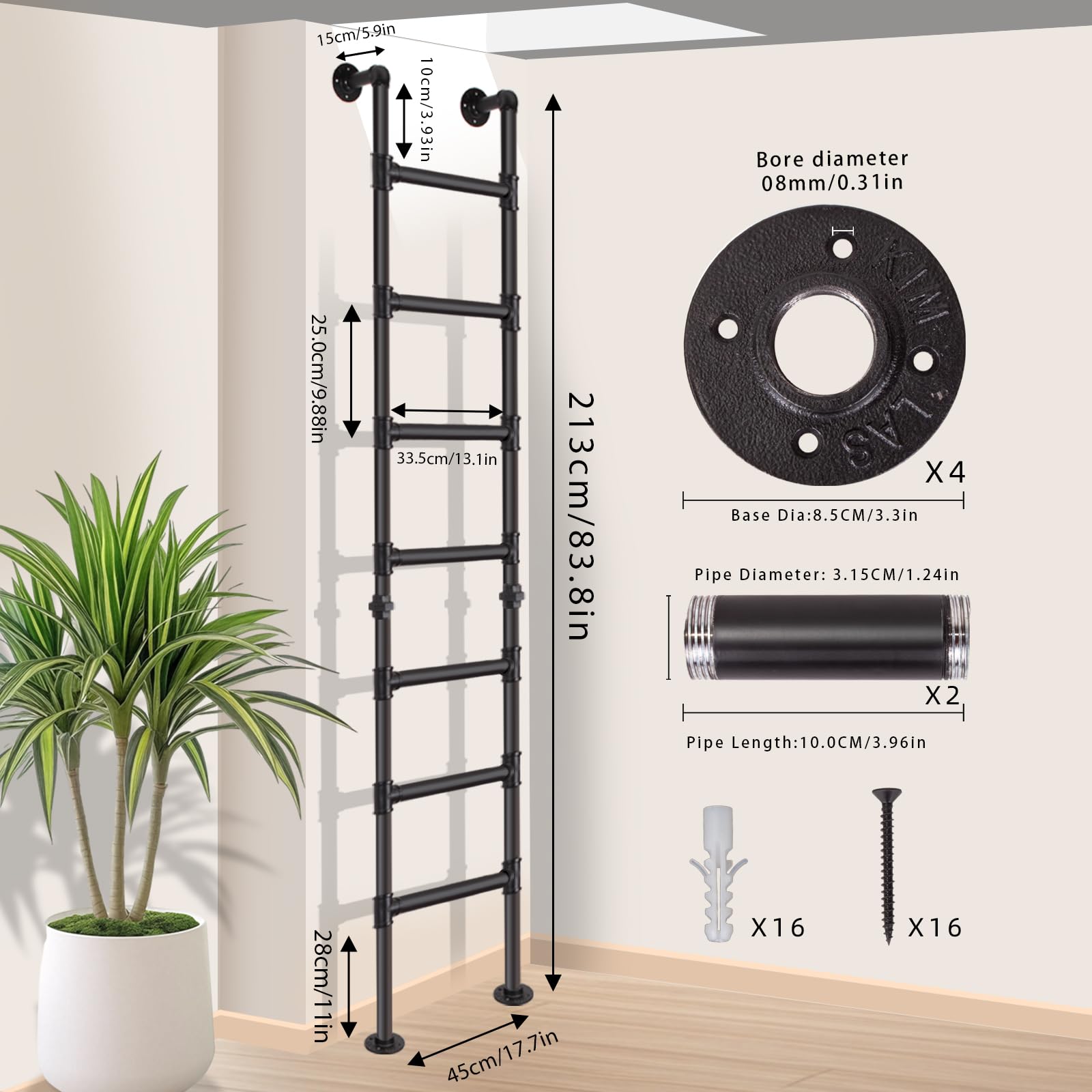 Escalera de litera de 7 peldaños de pared a suelo, escalera de salida robusta para bahía de ventana de bodega, escalera de escalada para ático, dormitorio, terraza, carga máxima 150 kg /215 cm