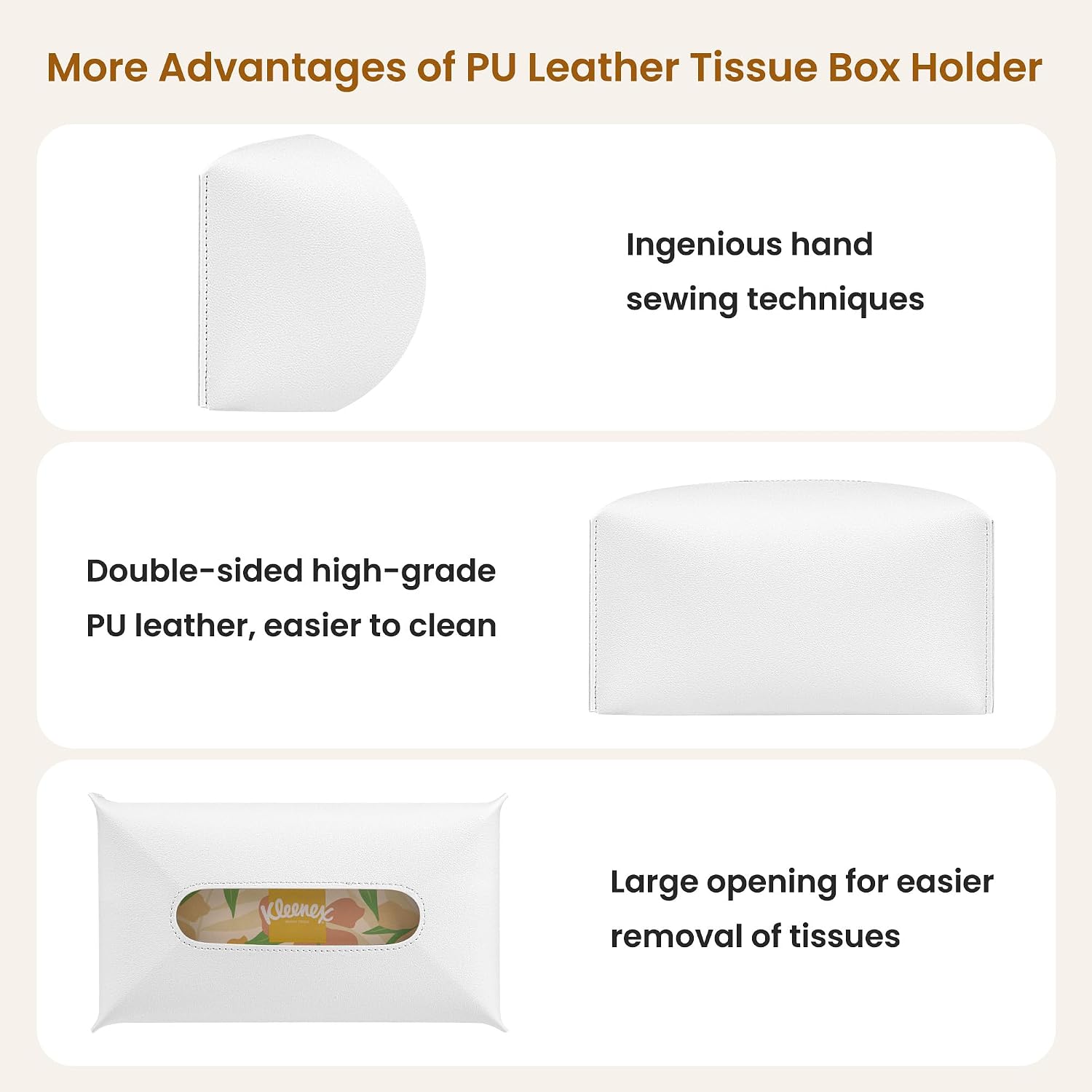 Long Tissue Box Cover, PU Leather Tissue Holder Rectangle, Facial Paper Organizer, Modern Dispenser for Bathroom, Kitchen, Home, Office, Tabletop (1, White, Short) image 5