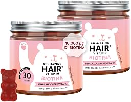 Biotina Gummies Ah-mazing Hair – Integratori per Capelli – Formula Potenziata – 10.000 µg di Biotina, Zinco, Vitamina B6, C, E e Iodio – Pack 2x30 (2 Mesi), Vegane, Senza Zucchero, Bears with Benefits