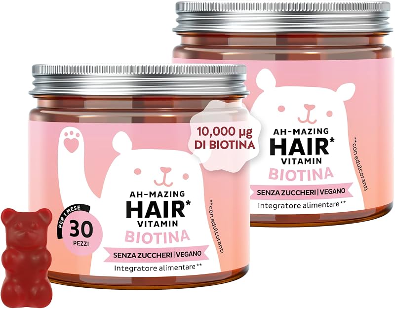 Biotina Gummies Ah-mazing Hair – Integratori per Capelli – Formula Potenziata – 10.000 µg di Biotina, Zinco, Vitamina B6, C, E e Iodio – Pack 2x30 (2 Mesi), Vegane, Senza Zucchero, Bears with Benefits