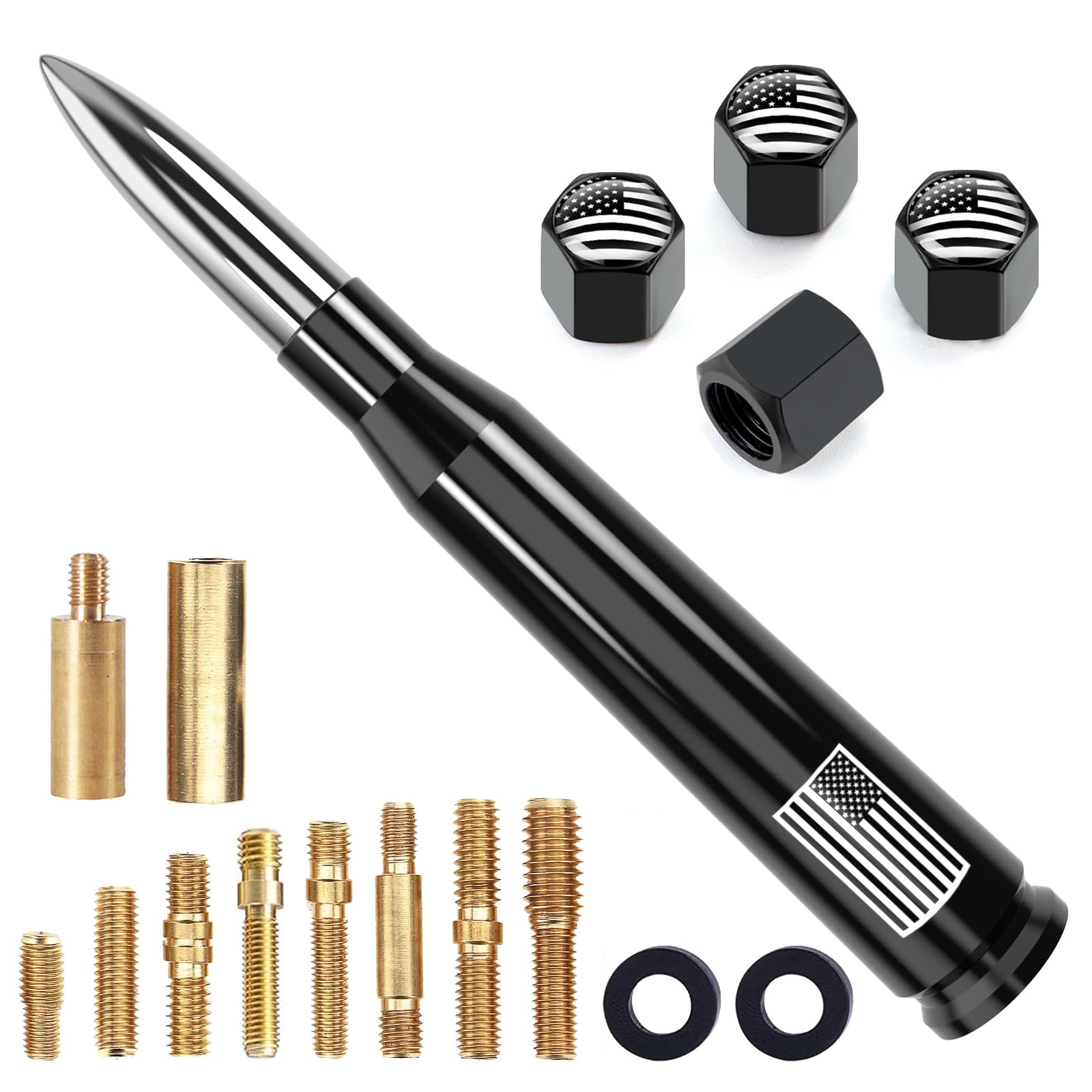 Car Truck Antenna with Valve Stem Cap American Flag Universal Short Replacement for GMC Sierra Chevy Silverado Dodge Ram 1500 2500 3500 Ford F150 F250 F350 Super Duty Raptor Accessories, Chrome