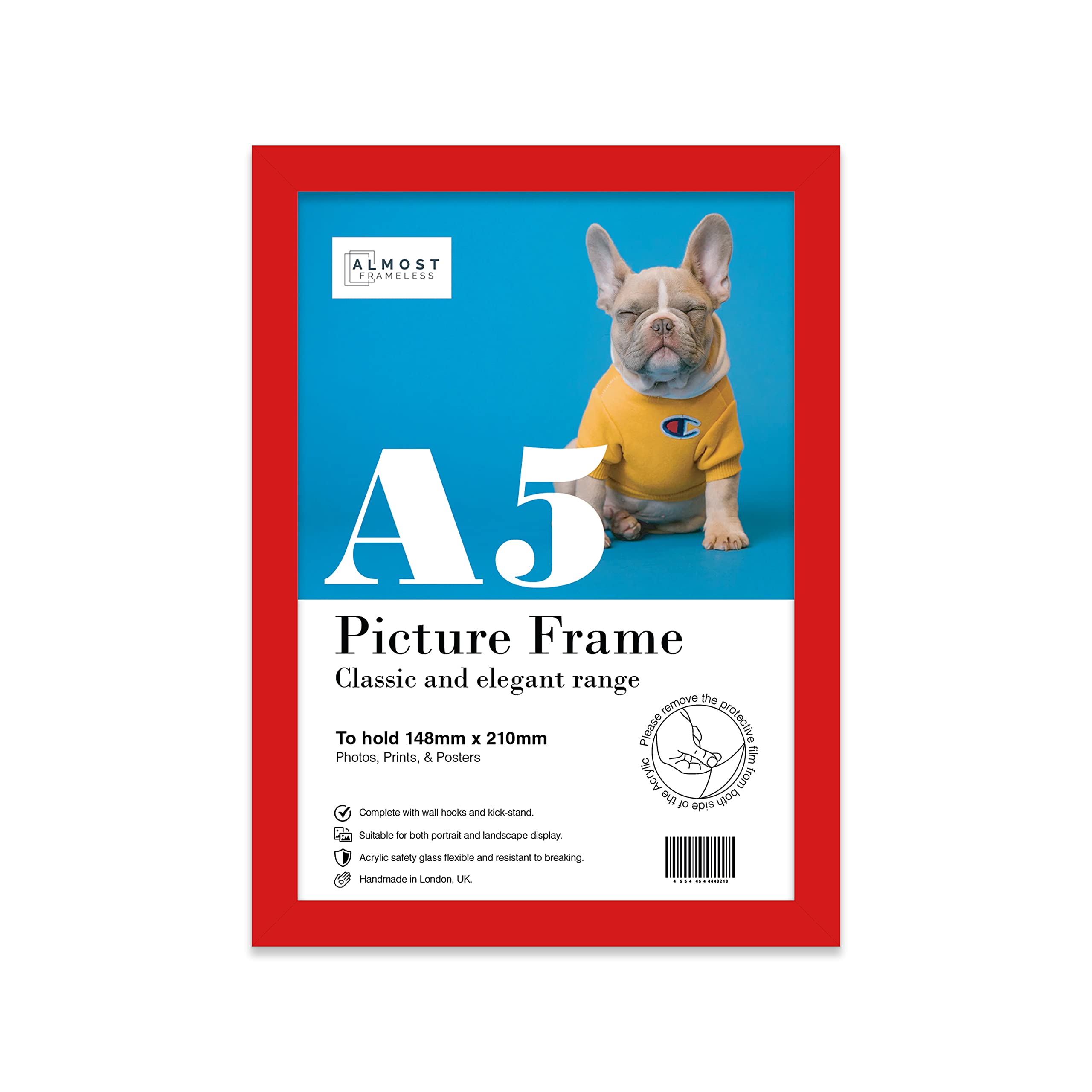 Almost Frameless Red Picture Frame A5 Fits A5 (14.8 X 21Cm - 5.8 X 8.3In) Poster, Photo, Or Print. Portrait And Horizontal Wall Hooks/Kickstand Wall Art Display
