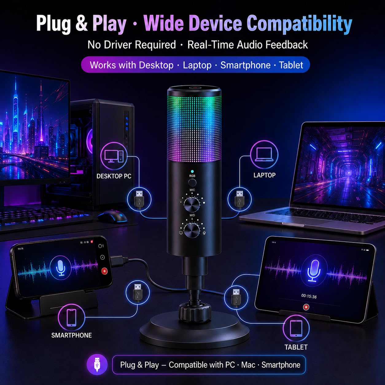 Microfono USB microfono cardioide con luce RGB per computer, telefono cellulare, registrazione in streaming live