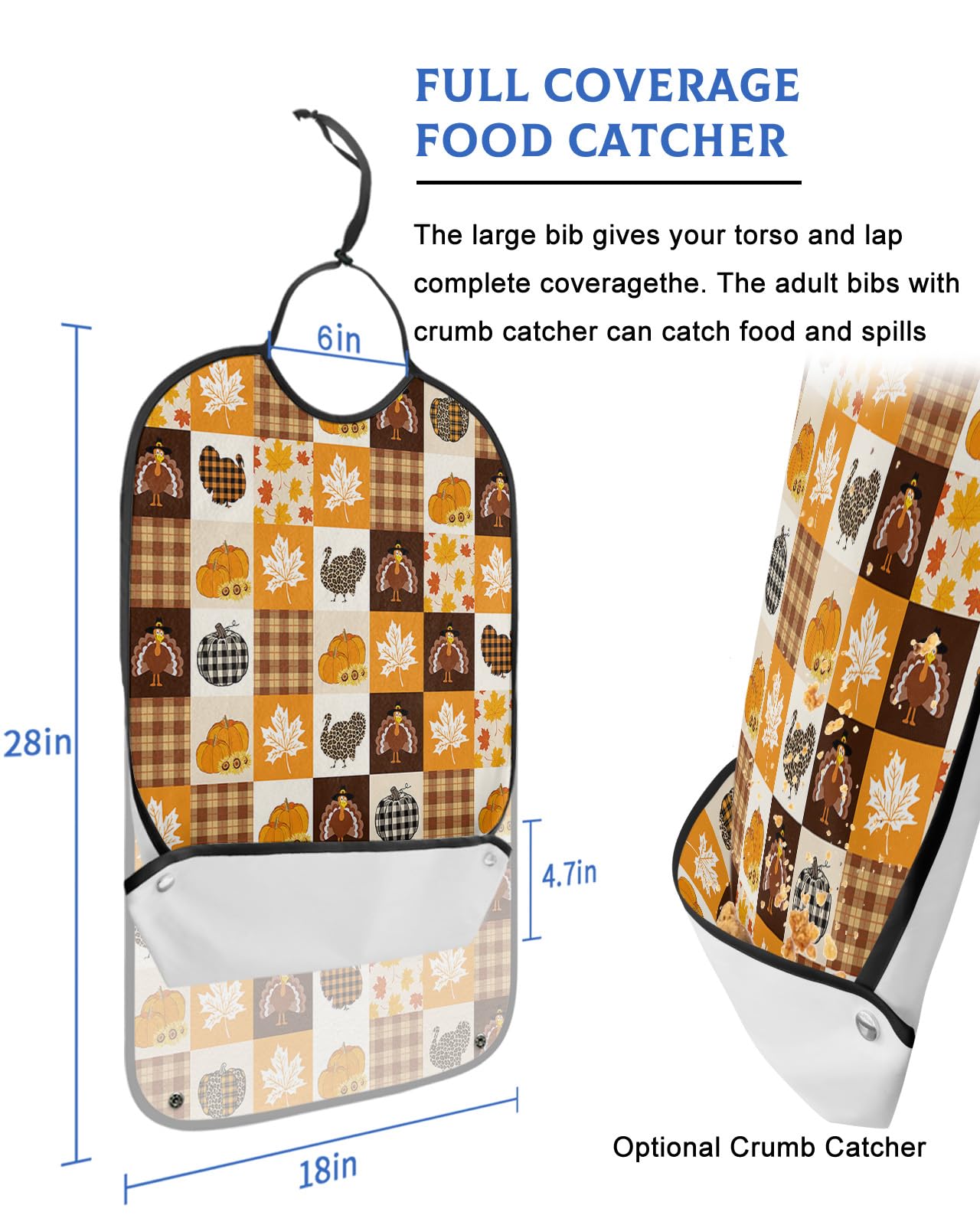 Thanksgiving Adult Bibs for Eating, Waterproof Bibs with Food Catcher & Adjustable Snap Closure, Fallen Leaves Turkey Pumpkin Plaid Washable Clothing Protectors Adult Bibs for Elderly Women/Men