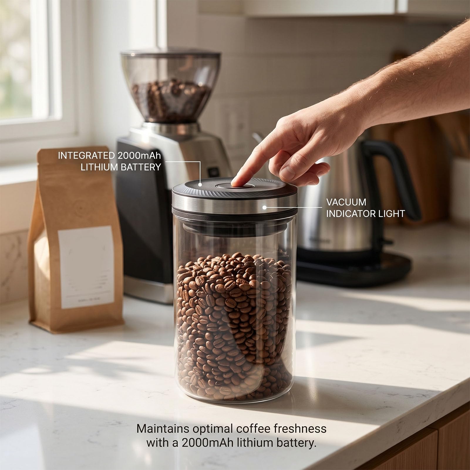 Automatischer Vakuum-Kaffeekanister, Digitaler Bildschirm, Luftdicht Verschlossener Deckel, Glas-Lebensmittelaufbewahrungsbehälter mit Präziser Vakuumzeit für Kaffeebohne