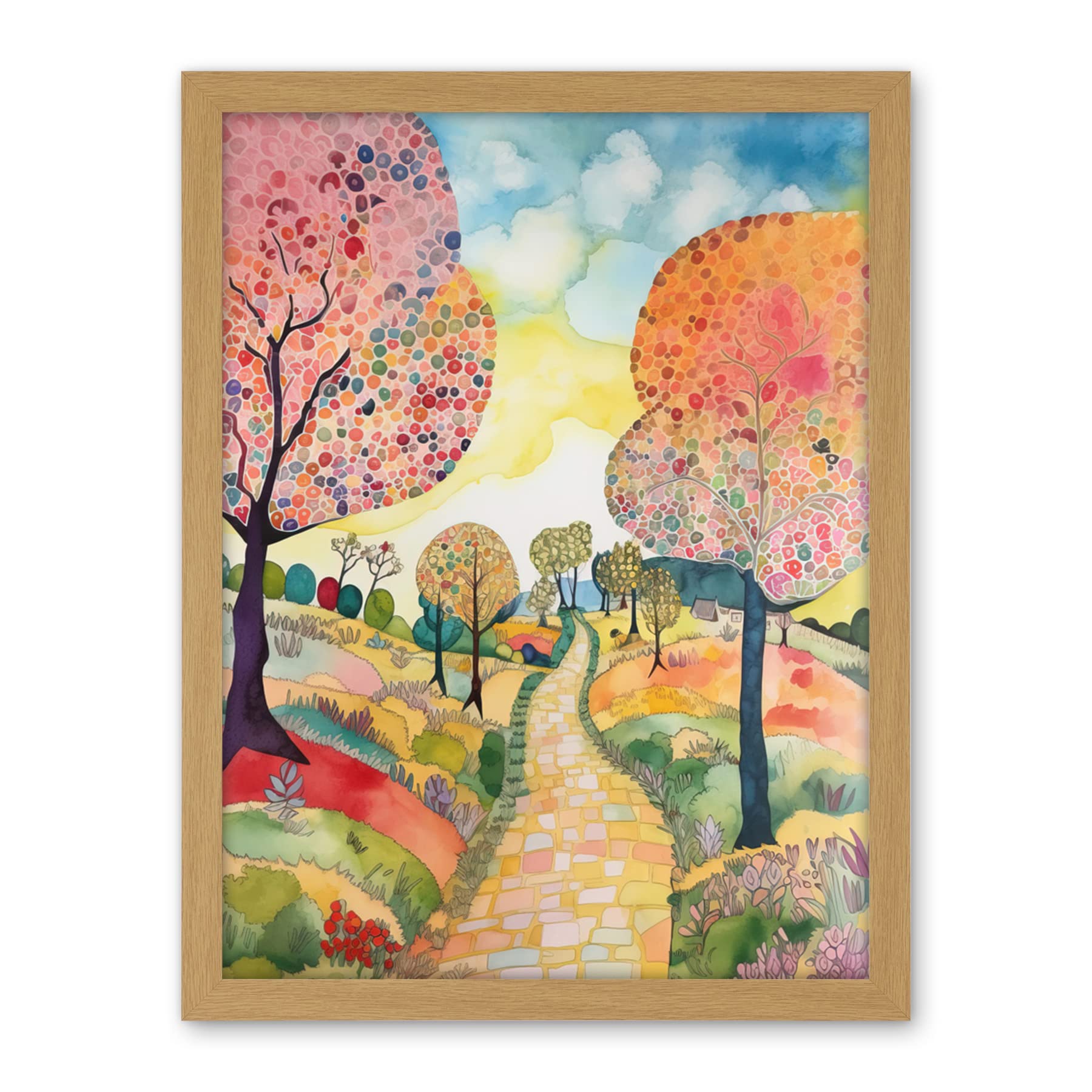 Artery8 Countryside Path With Blooming Flowers And Trees Folk Art Landscape Watercolour Painting Artwork Framed Wall Art Print 18X24 Inch