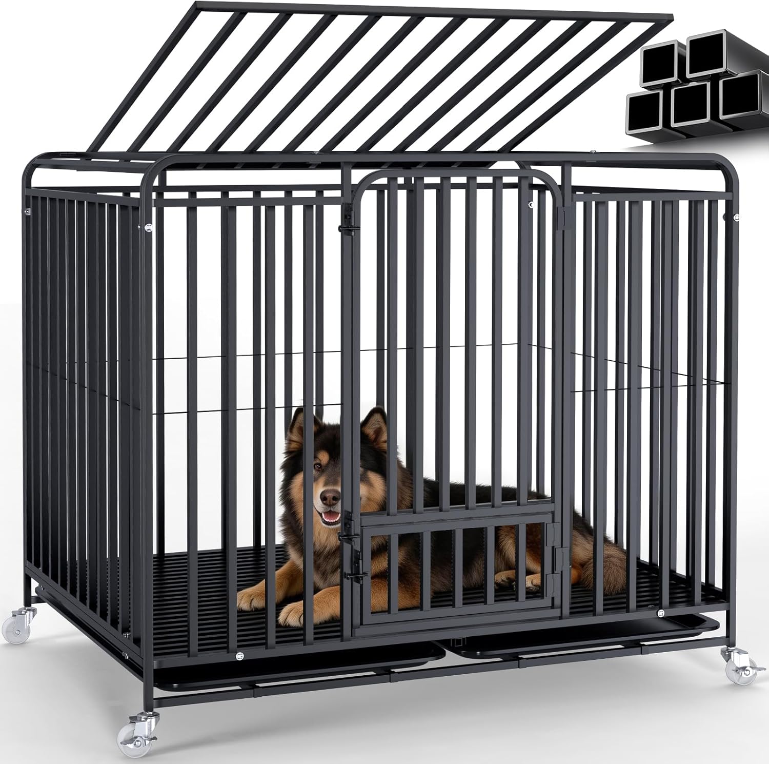 Large Dog Crate, 48 Inch Heavy Duty Dog Crate for Large Dogs, Dog Cage with 6-Side Thickend Square Pipe and Double Doors,Escape-Proof & Indestructible, Ideal for Aggressive Chewers and Medium Dogs
