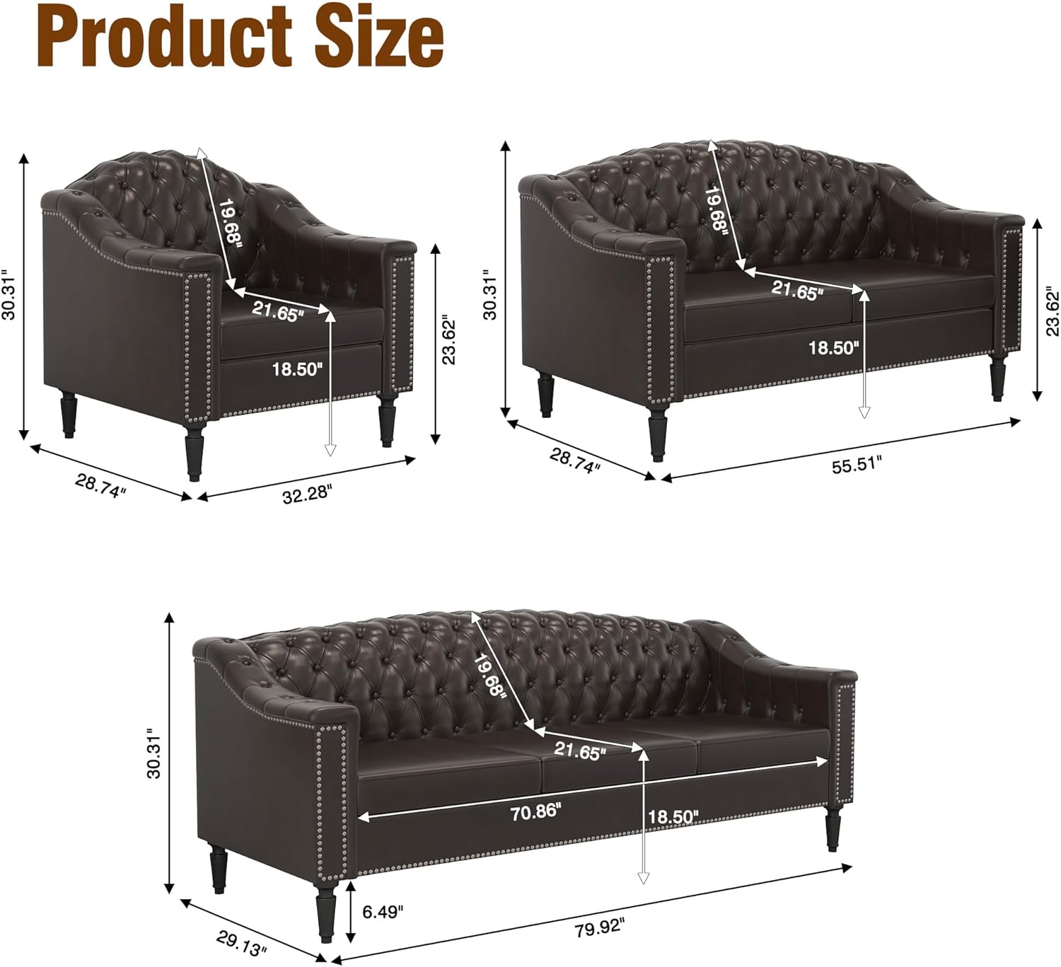 AVZEAR 3-Piece Living Room Sofa Set, Chesterfield Sofa Mid-Century Modern PU Sofa, Upholstered Couch with Nailhead Trim and Button Tufted for Living Room, Office, Bedroom (1+2+3 Seat Brown)