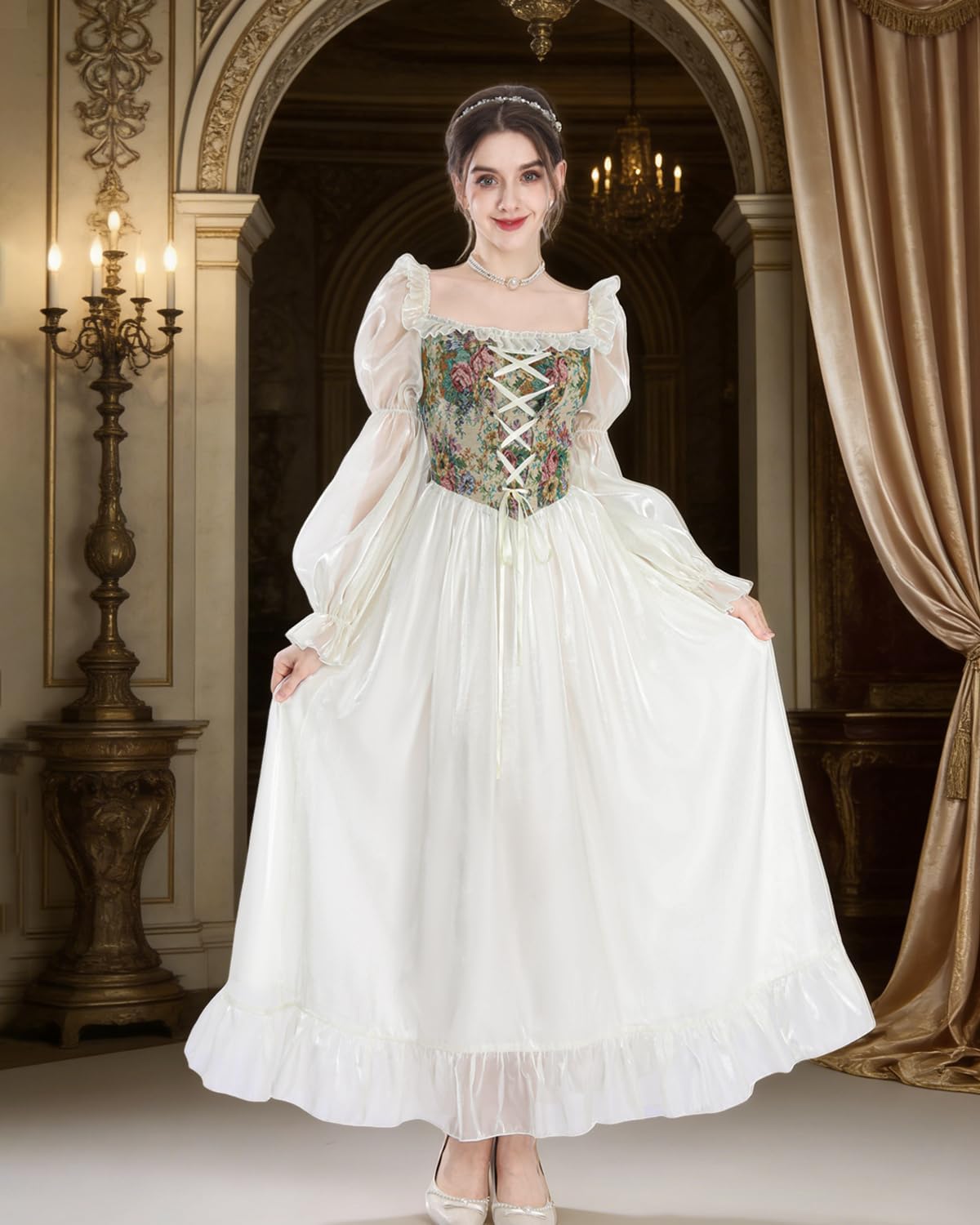 NSPSTT White Renaissance Dress Women Fairy Dress Victorian Medieval Costume - Image 5