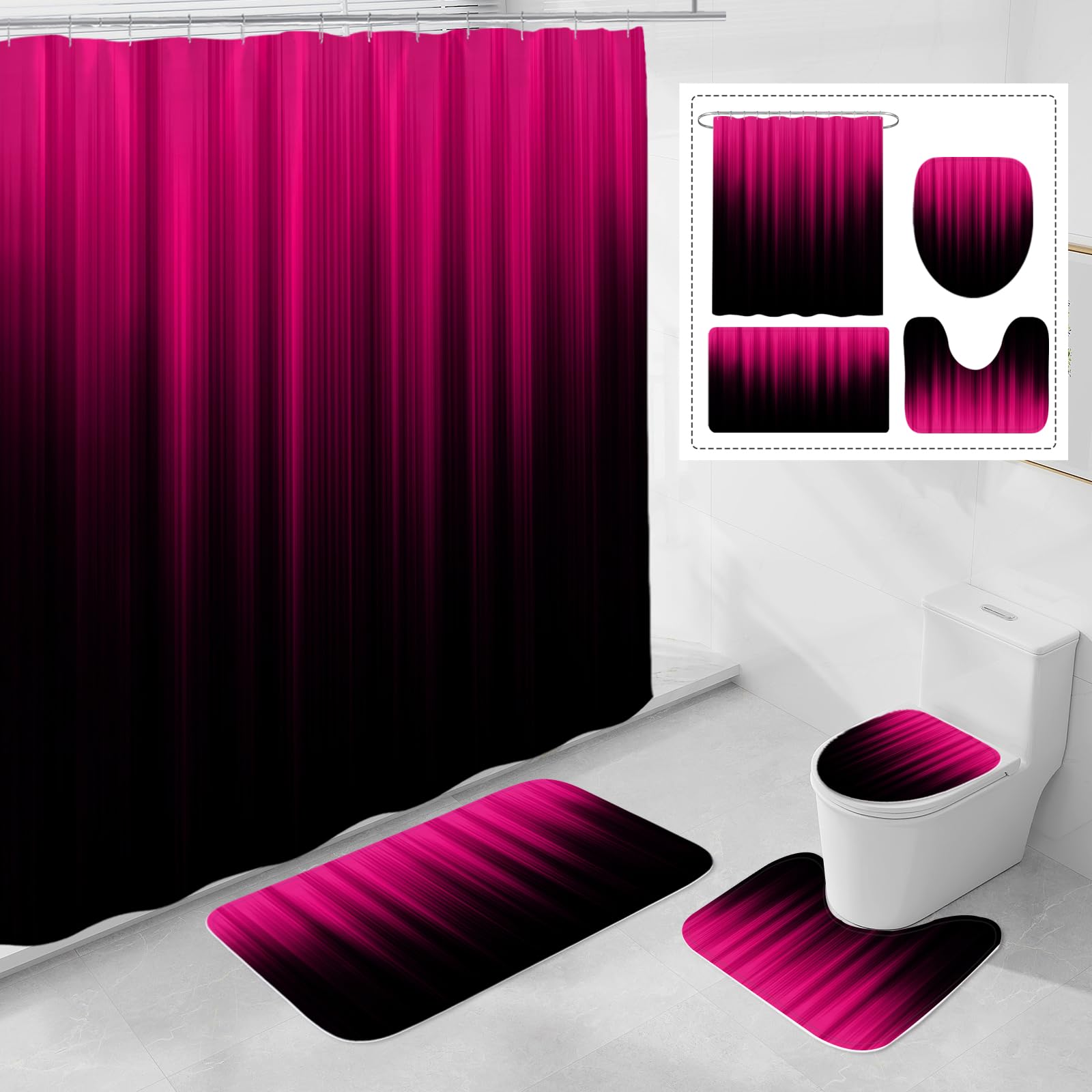 Litabel 4 Pcs Hot Pink and Black Gradient Shower Curtain Set with Rugs and Toilet Lid Cover, Modern Simple Waterproof Fabric Bathroom Set, Ombre