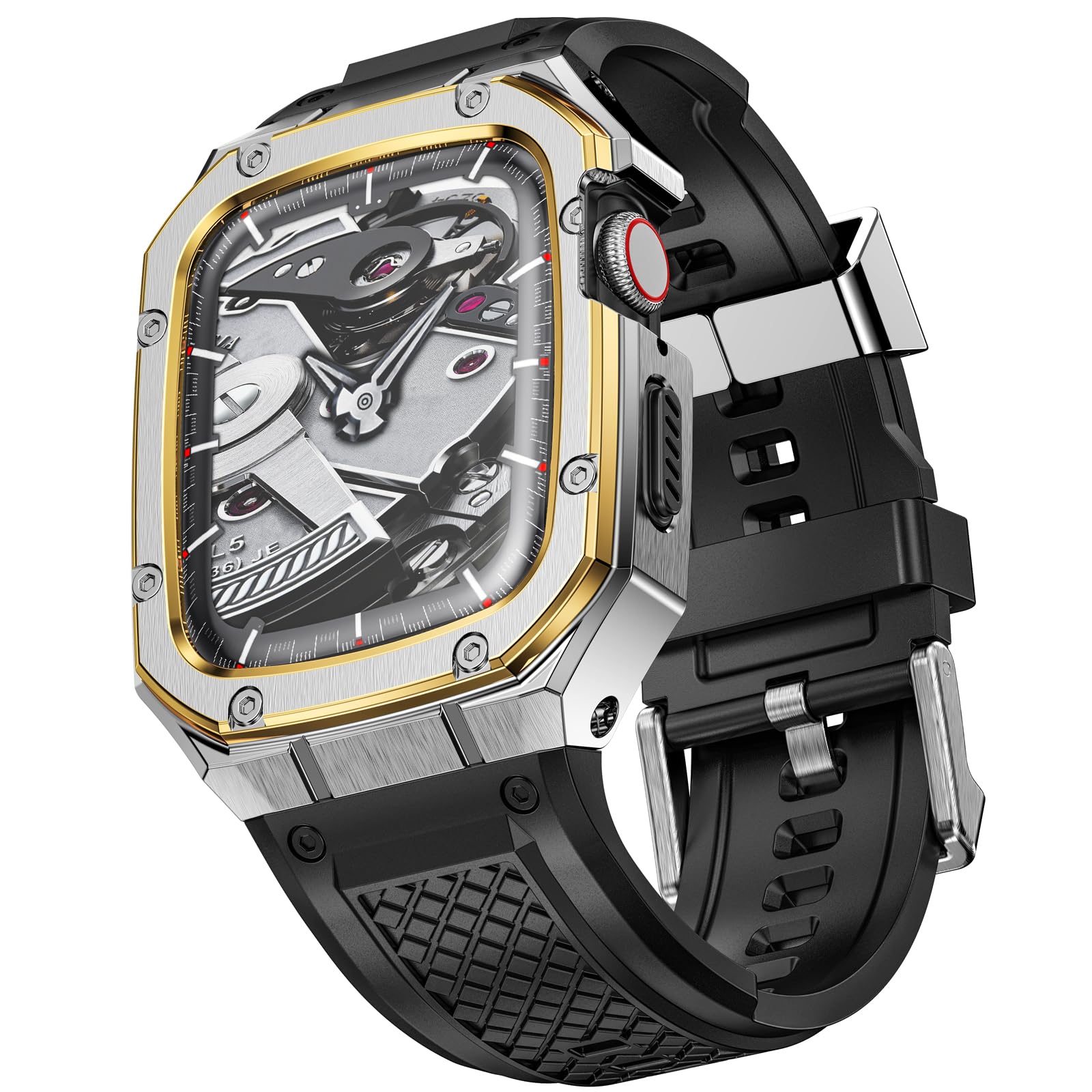 SUPLINK Sport Band Compatible with Apple Watch Bands 42mm 44mm for Men, Stainless Steel Case Protective Bumper Soft Strap Accessories Compatible with