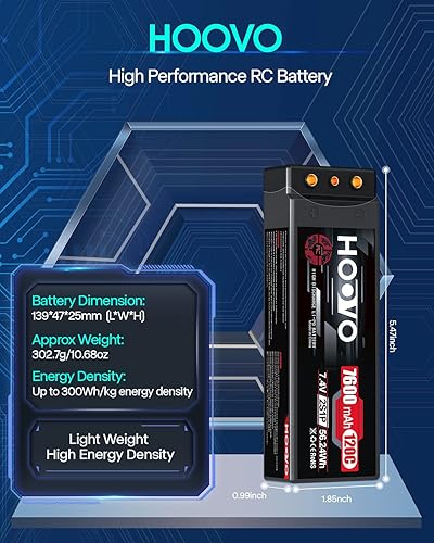 Miniatura 3 de HOOVO Batería Lipo 7600mAh 2S 7.4V 120C RC Estuche rígido de 0.157 in Bullet con enchufe T para RC Drag Car RC Truck Boat DJI Heli Airplane RC