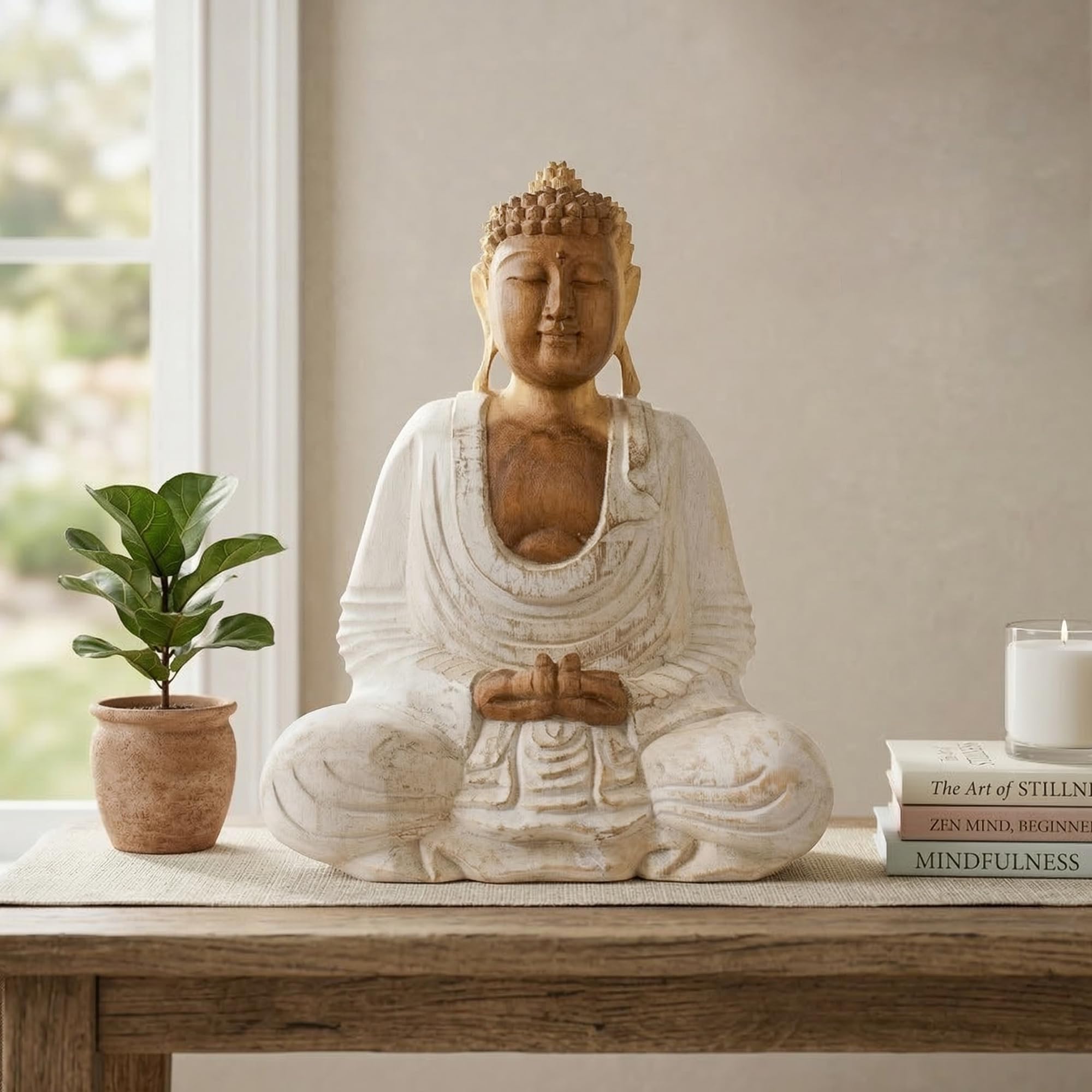 G6 Collection Statue de Bouddha en bois faite à la main en méditation sereine - Sculpture artisanale - Décoration d'intérieur (30,5 cm de haut - Blanchie)