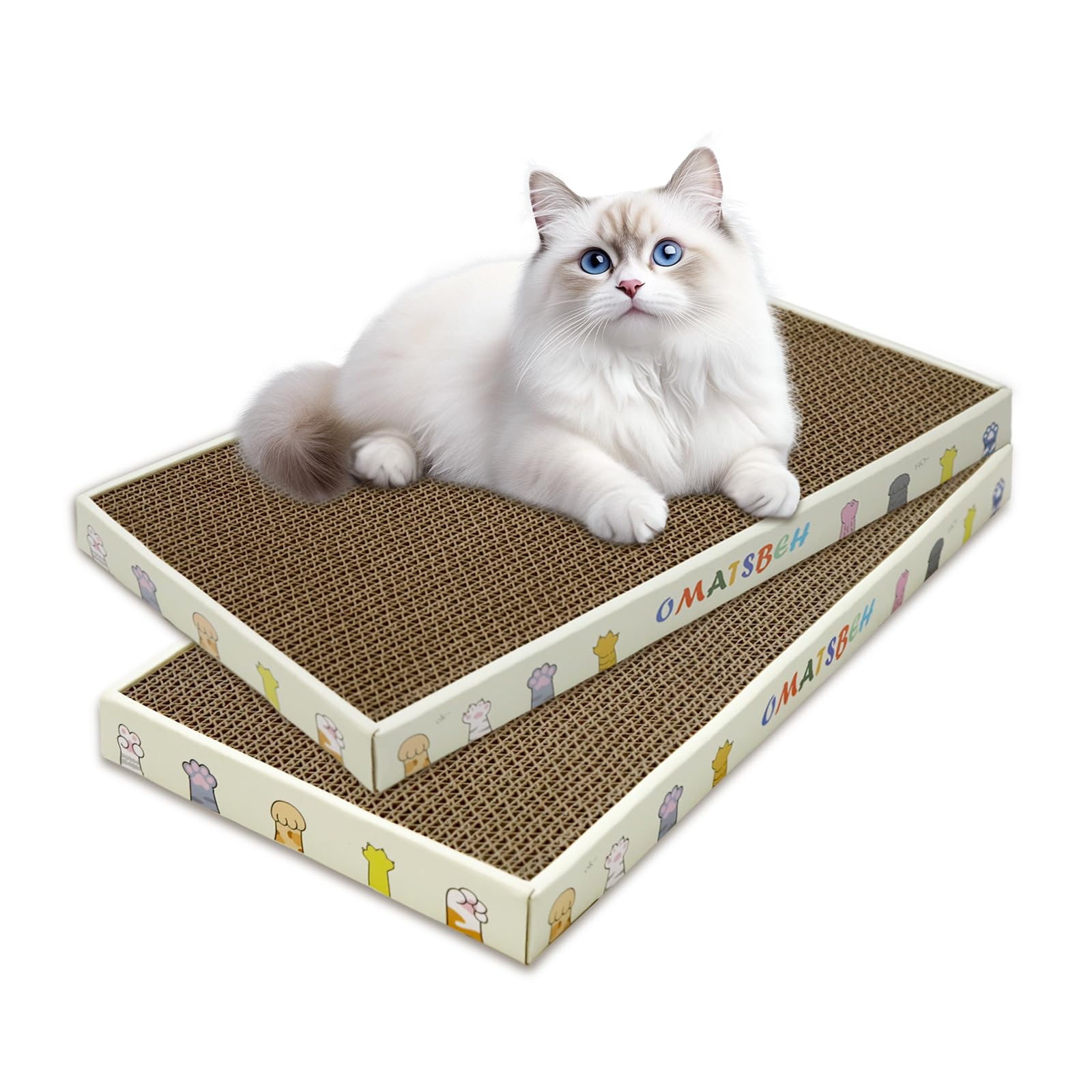 OMATSBEH Cat Scratching Board 2 Pack – Reversible Cardboard Scratcher for Indoor Cats, Corrugate Cat Scratcher, Double-Sided Usability as Furniture Protector (White-2 Pack)