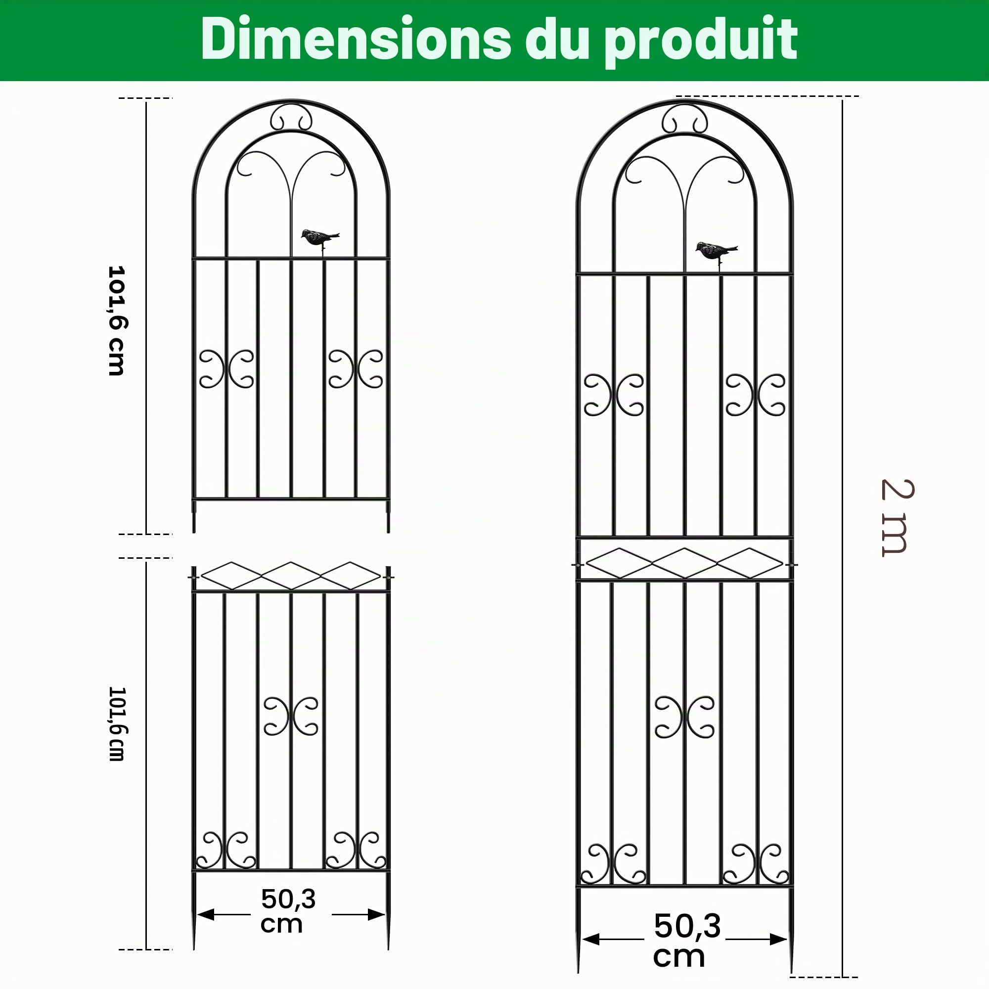 ARIFARO Treillis de Jardin en Métal, 200cm H x 50cm L, Lot de 2, Treillis Décoratif Robuste pour Intérieur et Extérieur, Support pour Plantes Grimpantes, Plantes en Pot, Motif Oiseaux