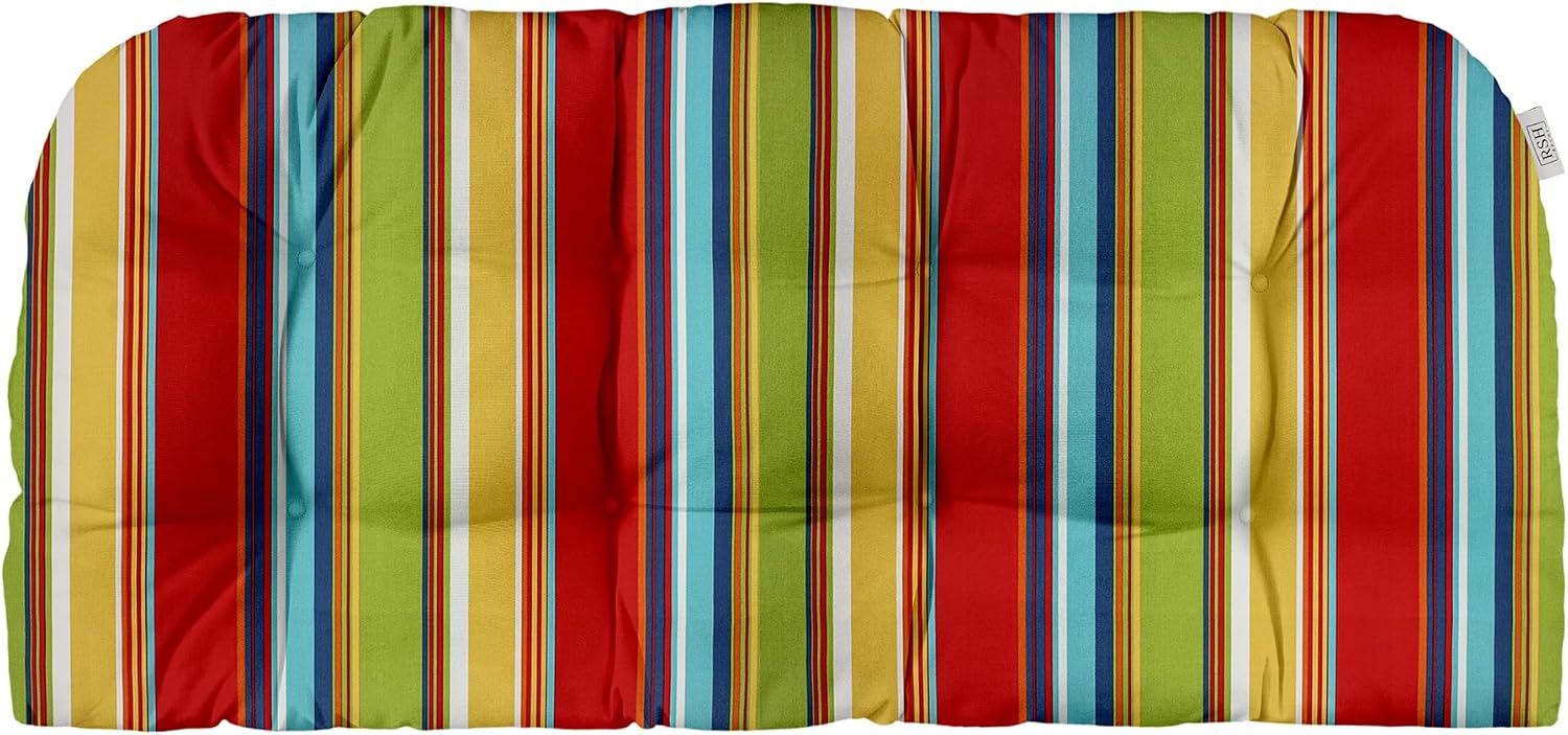 RSH DECOR Tufted Wicker Loveseat Cushion | 44" x 22" | Water & Fade-Resistant Spun Polyester Fabric | Outdoor Cushion for Patio Furniture | Hypoallergenic Fiberfill | Bright Colorful Garden Red Stripe