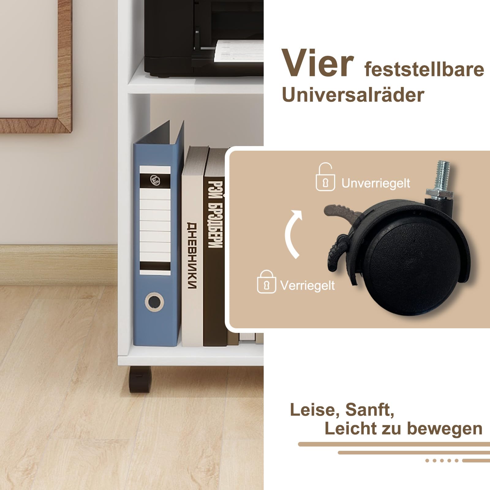 PUNCIA Aktenschrank auf Rollen mit 4 Ablage Druckerständer Rollcontainer | Mobiler Büroschrank aus Holz verstellbar für Akten Dokumente DIN A4 Bürowagen für Büro Office Zuhause Arbeitszimmer Weiß