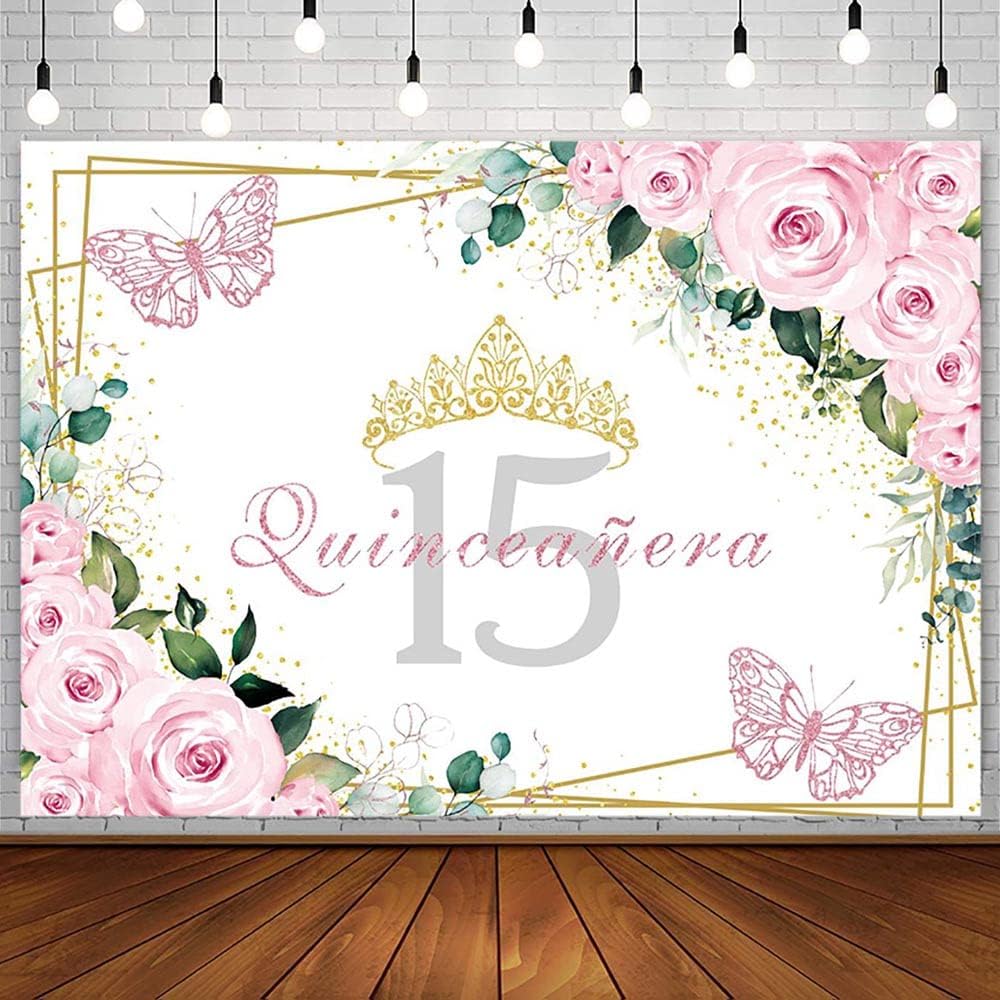 Sendy 7x5ft Quinceañera Backdrop Mis Quince 15 Anos Birthday Party Decorations Supplies for Girl Princess Pink Floral Butterfly Gold Crown Photography Background Banner Photo Booth Studio Props