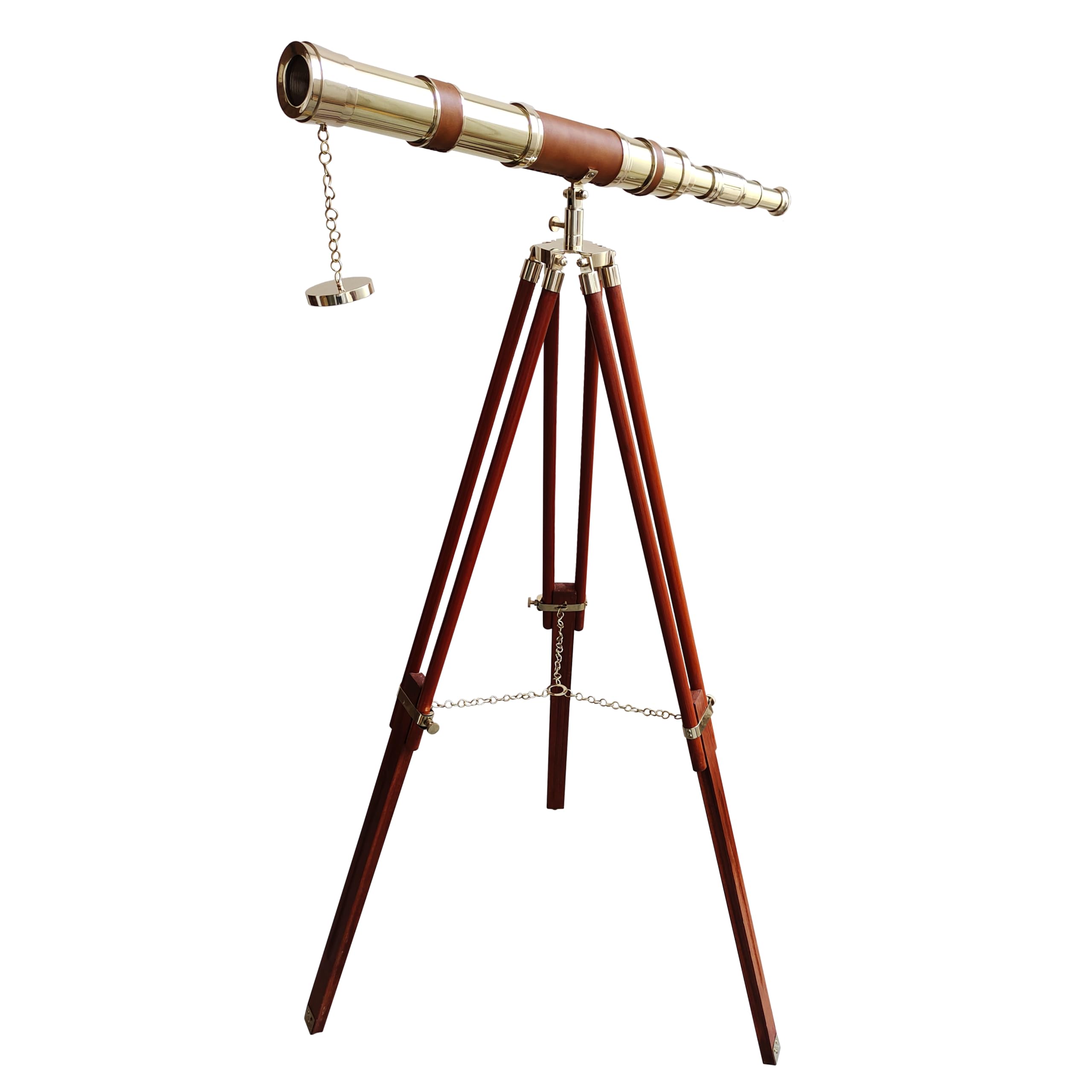 Telescopio de latón marino antiguo de un solo barril vintage de pie de madera marrón trípode telescópico de cuero marrón decoración del hogar
