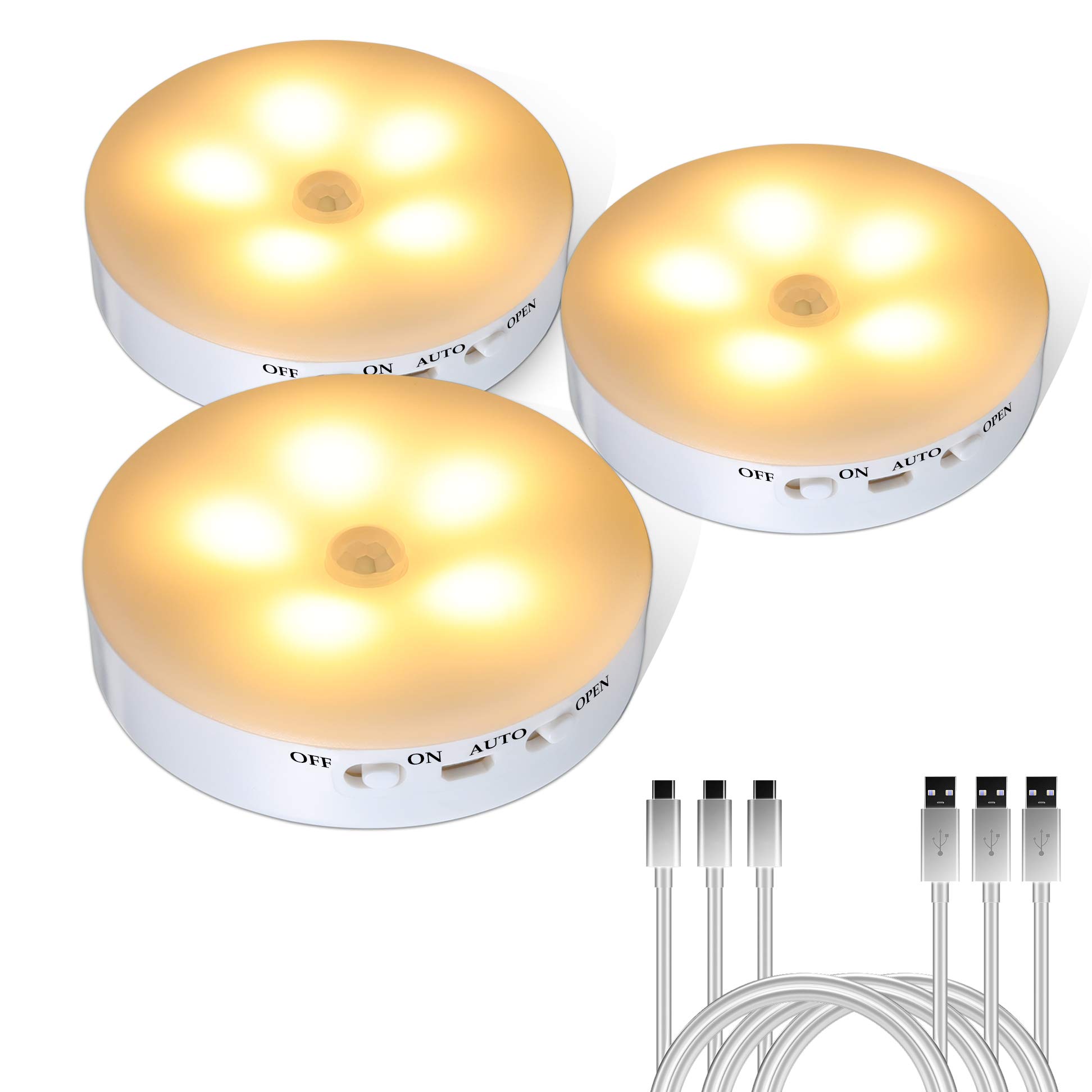 YISUN Motion Sensor Night Light, LED Rechargeable Puck Lights LED Wireless Lighting for Cabinet, Bedroom, Kitchen, Wardrobe, Hallway, Warm White (3 Pack)