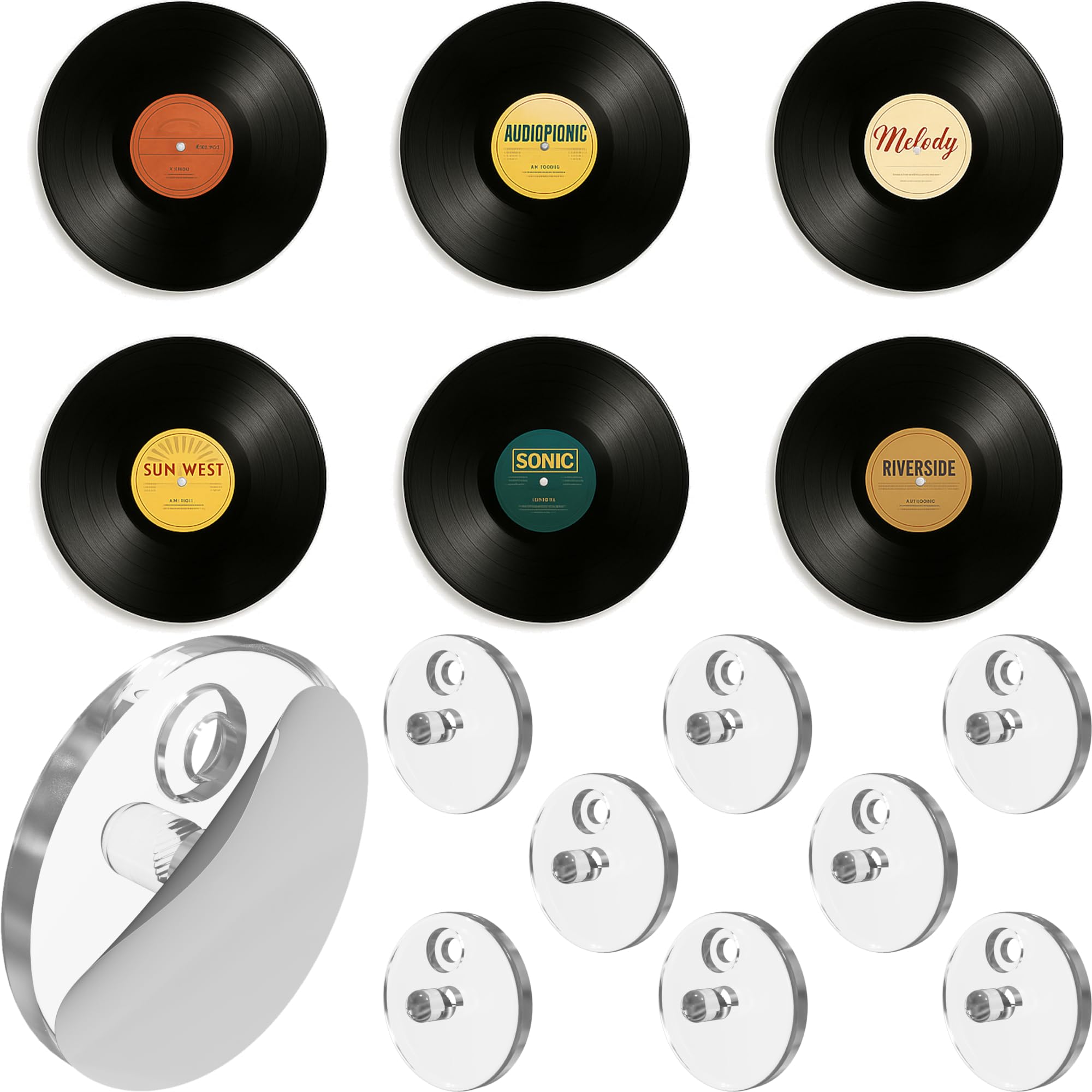 Modern JP Adhesive Vinyl Wall Mount for Discs (8-Pack) – Strong Hold Record Holder Wall, Minimalist Vinyl Record Display, Record-Safe Easy Installation – Clear