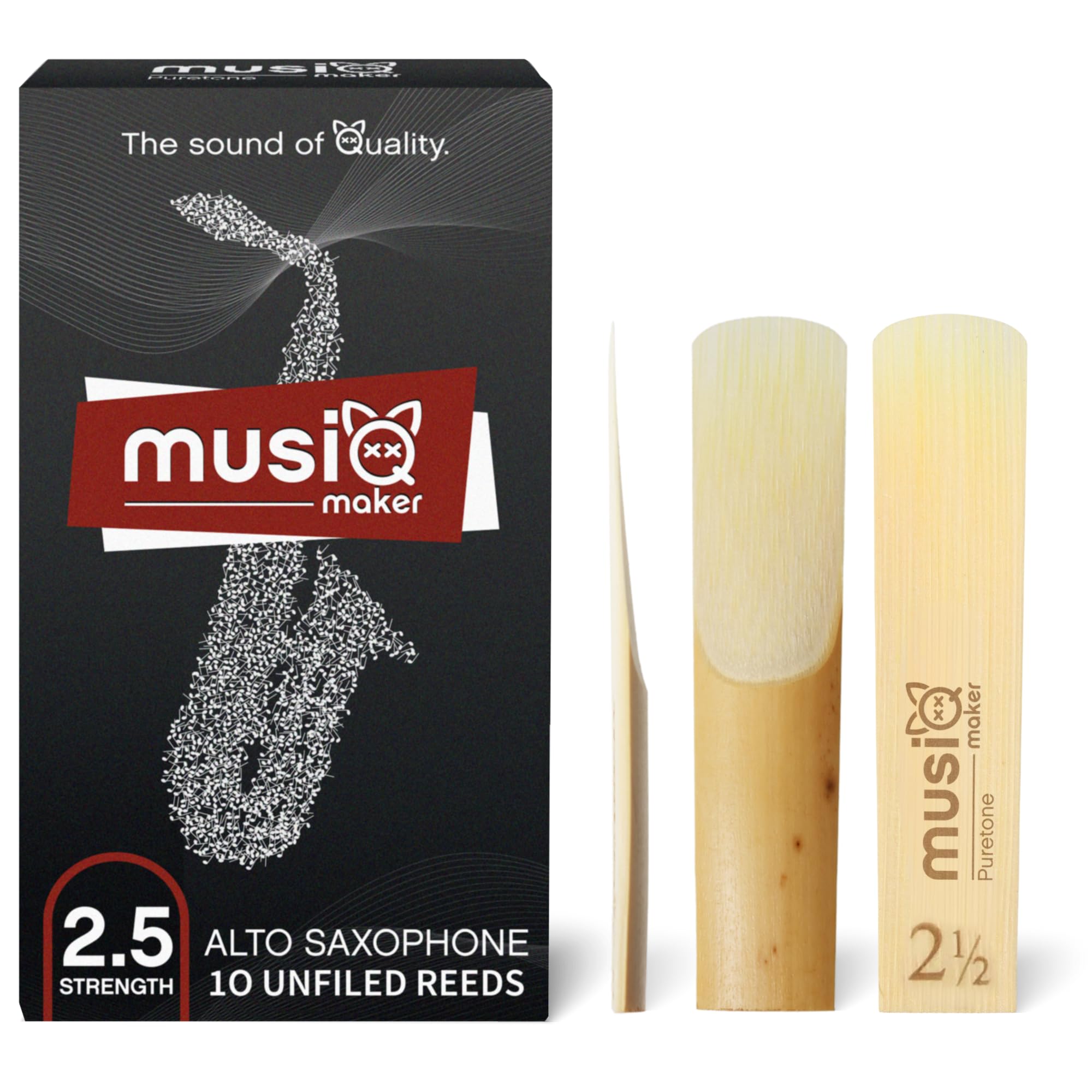 Musiq Maker's Alto Saxophone Reeds 2.5 / Alto Saxophone Reeds 3 Strength, Pack of 10 with Box Packaging, Refined Reed Tip Design, Ideal Saxophone Reeds for Both Beginners and Advanced