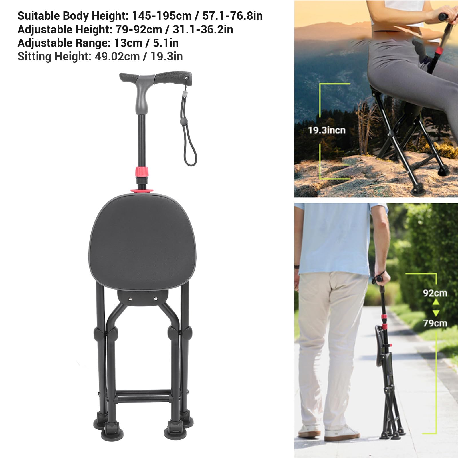 Cannes Pliantes avec Siège, Chaise Canne Légère Antidérapante à 4 Pieds pour Adultes et Personnes âgées, Marche Pliable pour la Randonnée Camping, Soutien à la mobilité