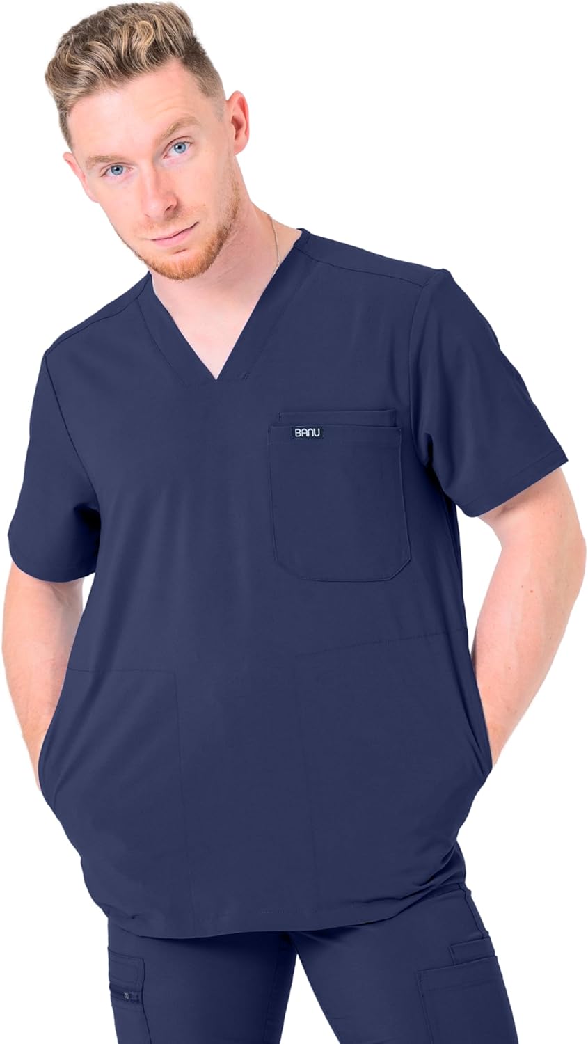 Banu Mens Scrubs Set - Stretch V-Neck Top & Straight Leg Pant with Drawstring Waistband, 11 Pockets - Image 5