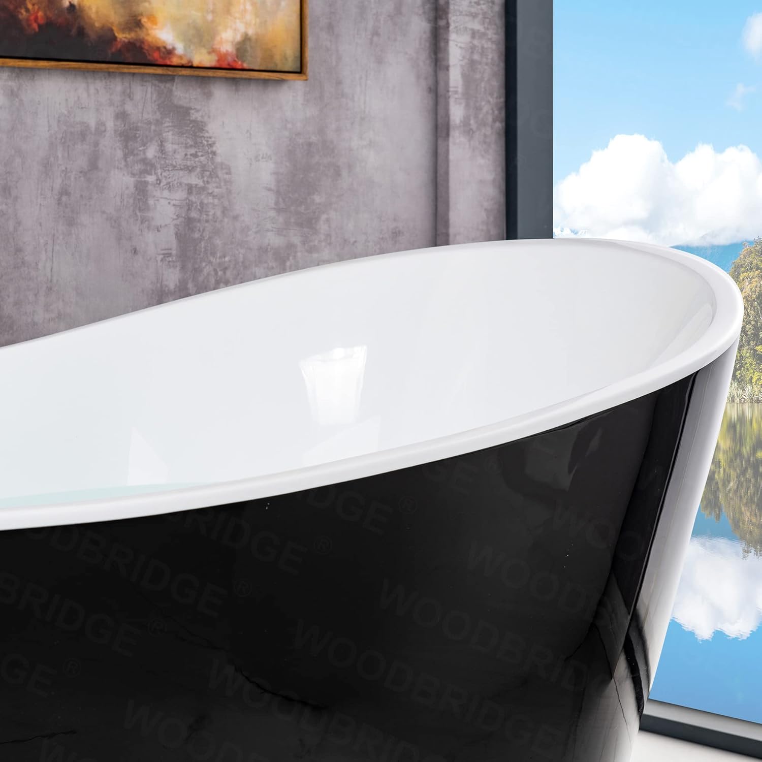 WOODBRIDGE 67" Acrylic Freestanding Bathtub Contemporary Soaking Tub with Matte Black Overflow and Drain,Black,B1815 MB