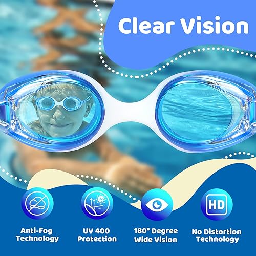 Miniatura 4 de Vvinca Gafas de natación para niños con correa elástica, sin fugas, antiniebla, con ajuste rápido de 3 a 14 años