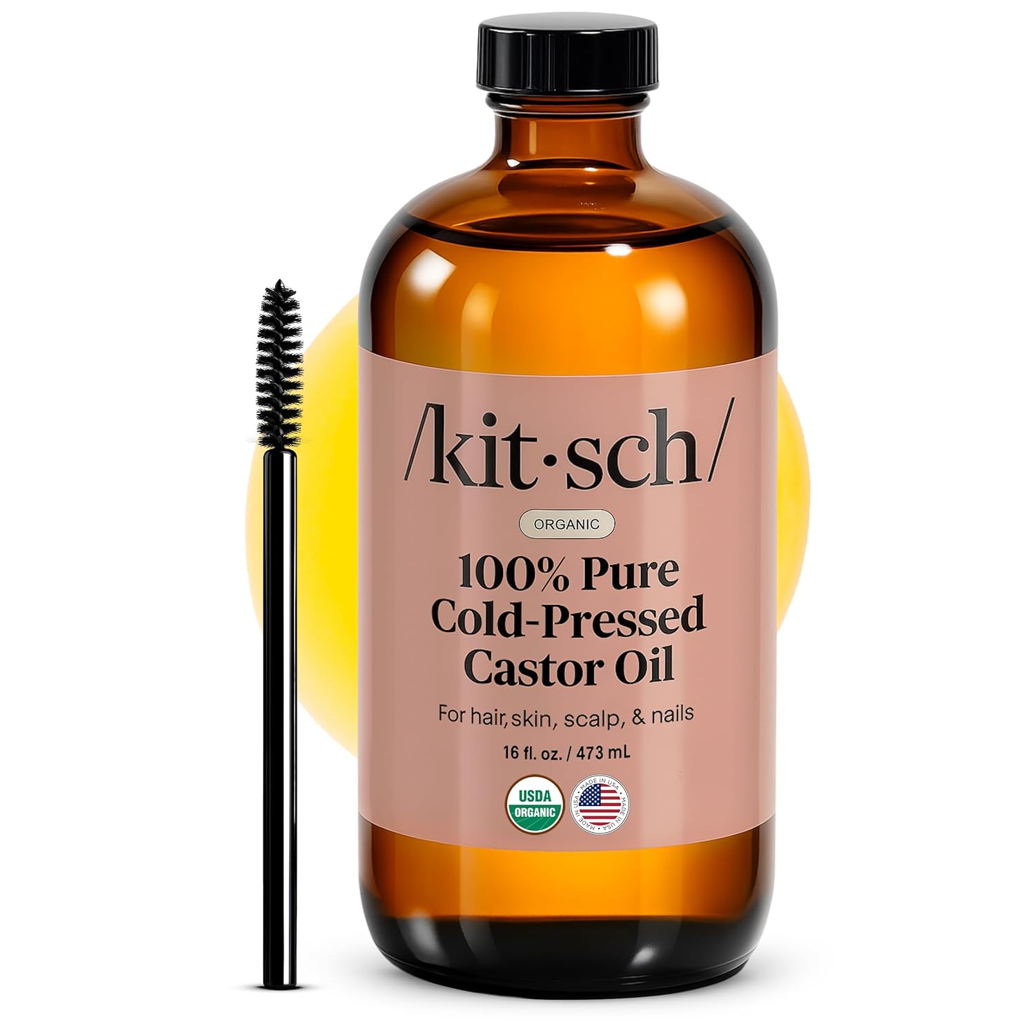 Kitsch Organic Castor Oil for Hair Growth – 100% Pure Castor Oil, Organic Cold Pressed Unrefined Glass Bottle for Face, Skin, Lashes, Brows, Scalp, Nails & Belly Button – Hexane Free, USDA – 16 oz