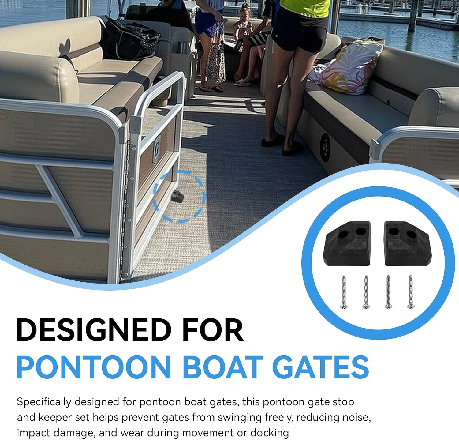Pontoon Gate Stop and Keeper Kit, Marine Grade Boat Gate Latch | with 304 Stainless Hardware, Pontoon Door Holder Fits 1-1/4" Square Tube, Pontoon Boat Accessories, 2 Pack