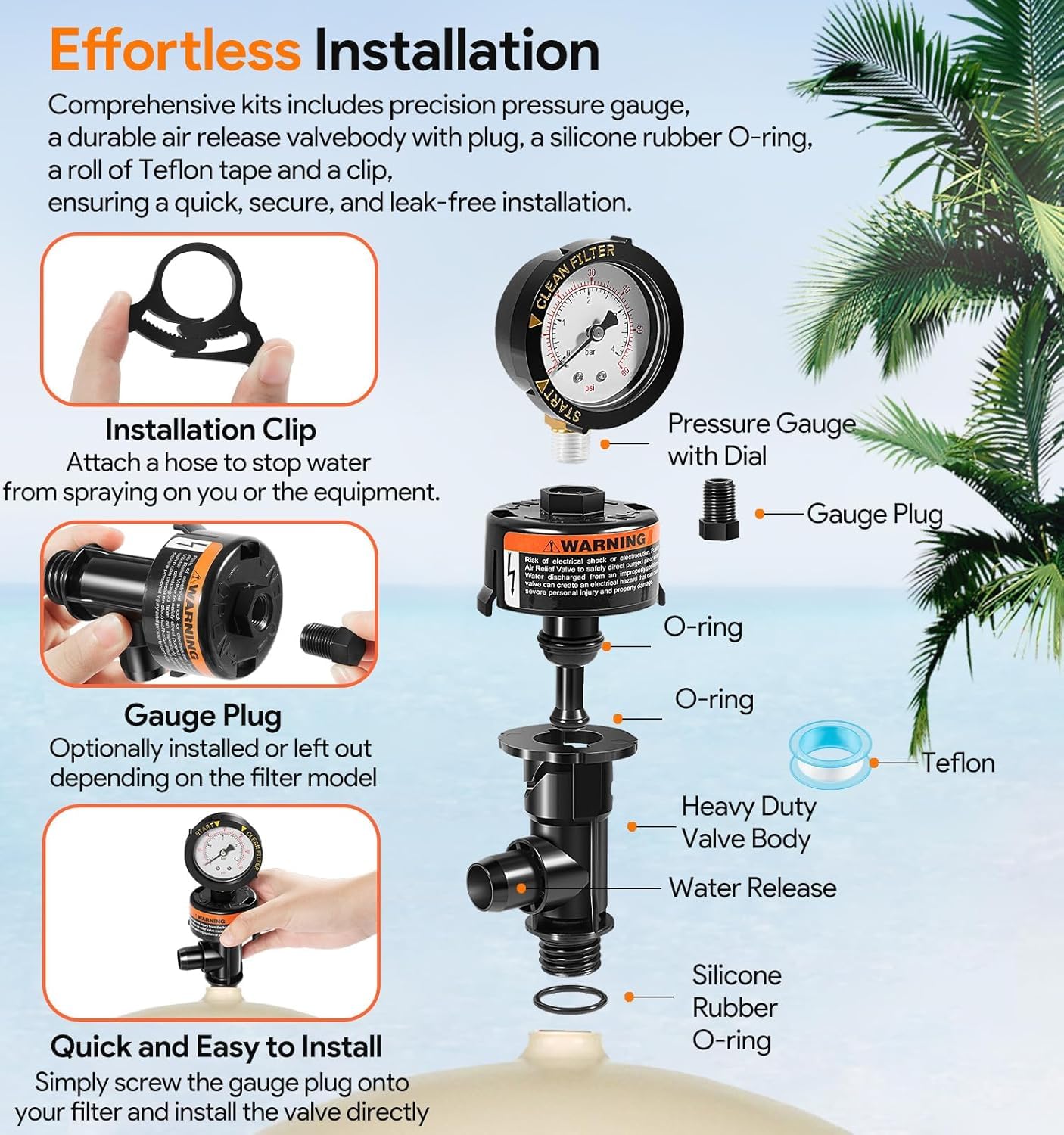 Vanne de vidange d'air avec manomètre pour filtre de piscine - Remplacement compatible avec 98209800 & 190058 - Convient pour Clean & Clear, Warrior, FNS, Predator - Soupape de décharge de pression