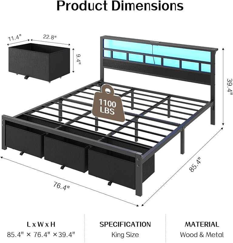 King Size Bed Frame with 3 Storage Drawers & Headboard image 2