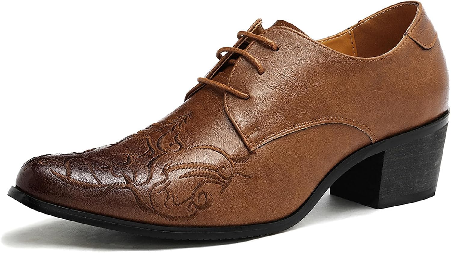 Men's Pointed Toe Dress Shoes High Heel Wedding Party Dance Shoes Lace Up Leather Retro for Business