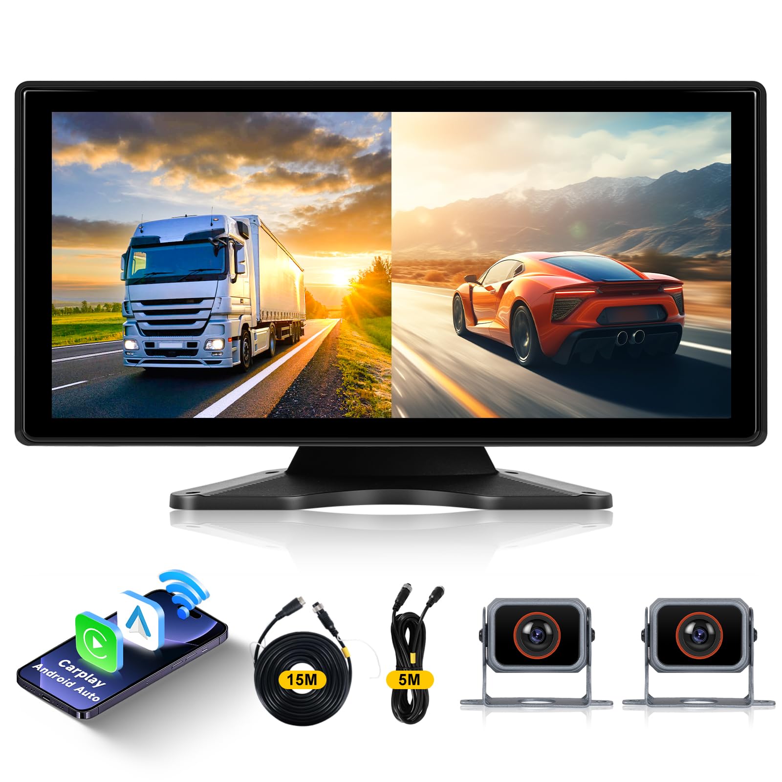 Hodozzy Rückfahrkamera Monitor 2 Kameras Wireless Carplay Android Auto,10,36 Zoll HD IPS Touch Screen Bildschirm,Tragbares Autoradio mit Bluetooth Mirrorlink Video-schleifenaufzeichnung FM AUX USB