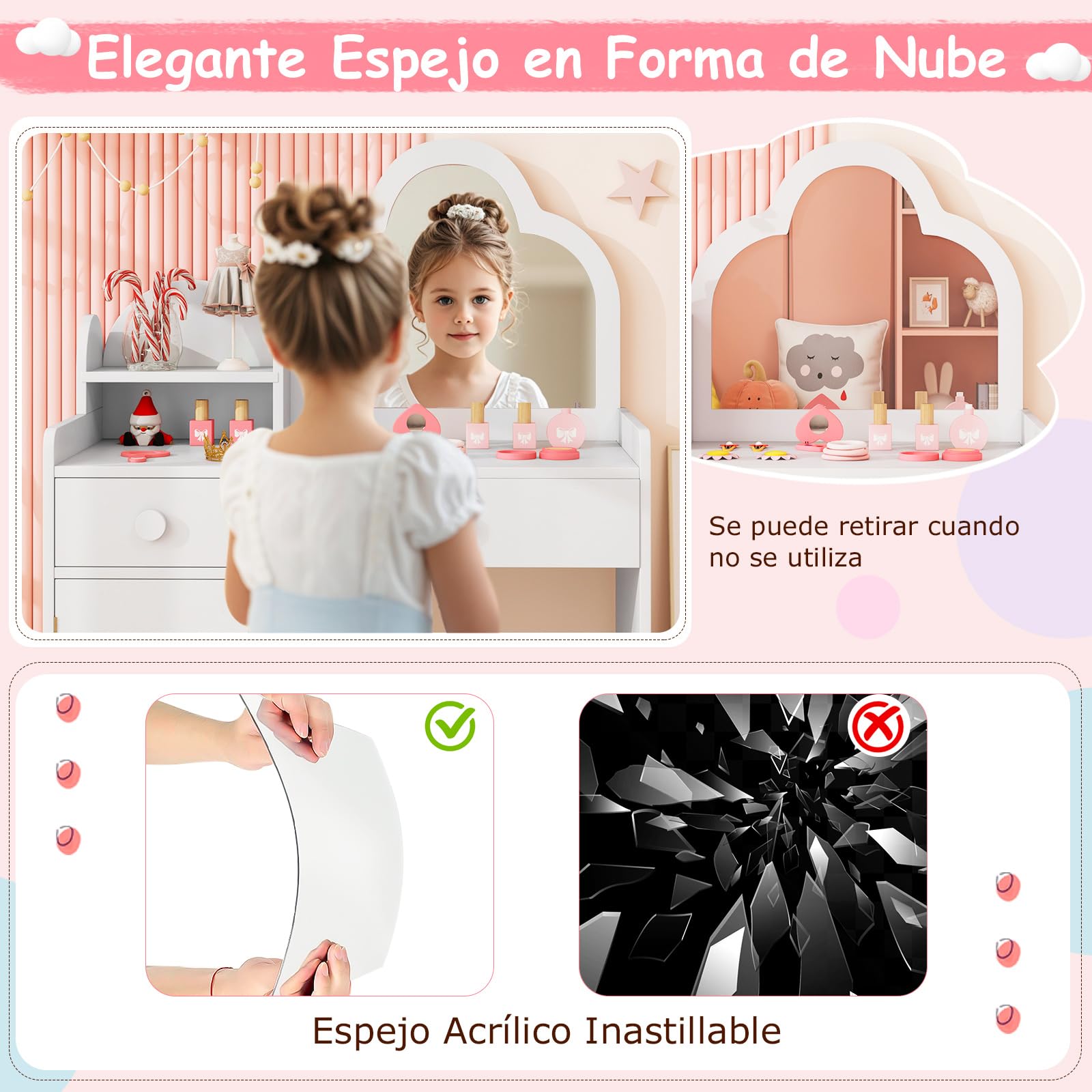 COSTWAY Tocador Niña, Tocador de Maquillaje Niña con Espejo en Forma de Nube, Estante Abierto, Cajones y Armario Cerrado, Patas de Madera, Juego de Mesa y Silla de Princesa para Niñas de 3-7 Años