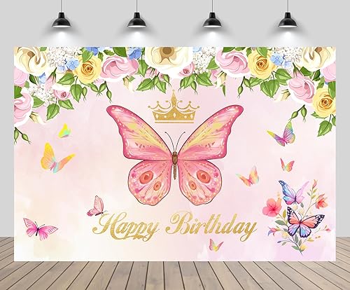 chnywork 8x6ft Happy Birthday Backdrop - Butterfly Crown Girls Pink Theme with B