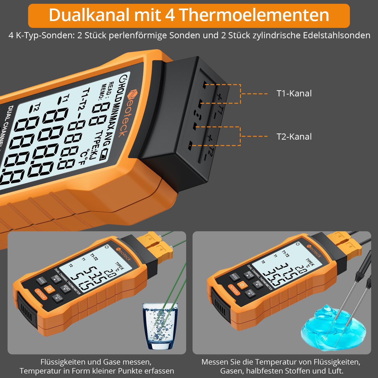 Neoteck Digital Thermoelement Thermometer Dual Kanal K/J Digitales Thermometer mit 4 Thermoelementen -50~1300°C Zweikanal-Temperaturmessgerät für HLK, Automobilen, elektrischer Wartung