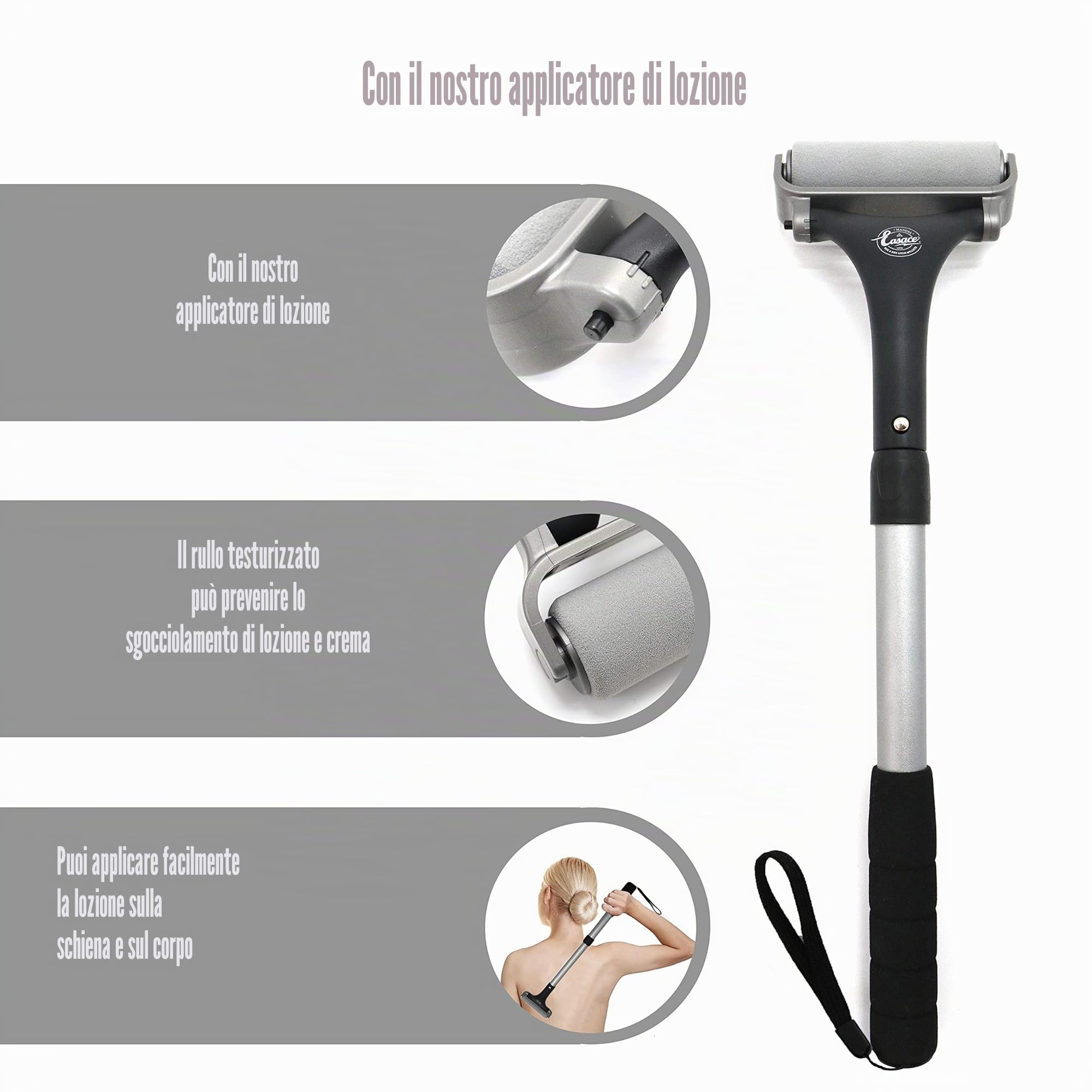 EASACE Applicatore di lozione per schiena e corpo, facile auto applicazione di doccia bagno doccia spazzola per bagno, crema per la pelle, abbronzatura（argento）