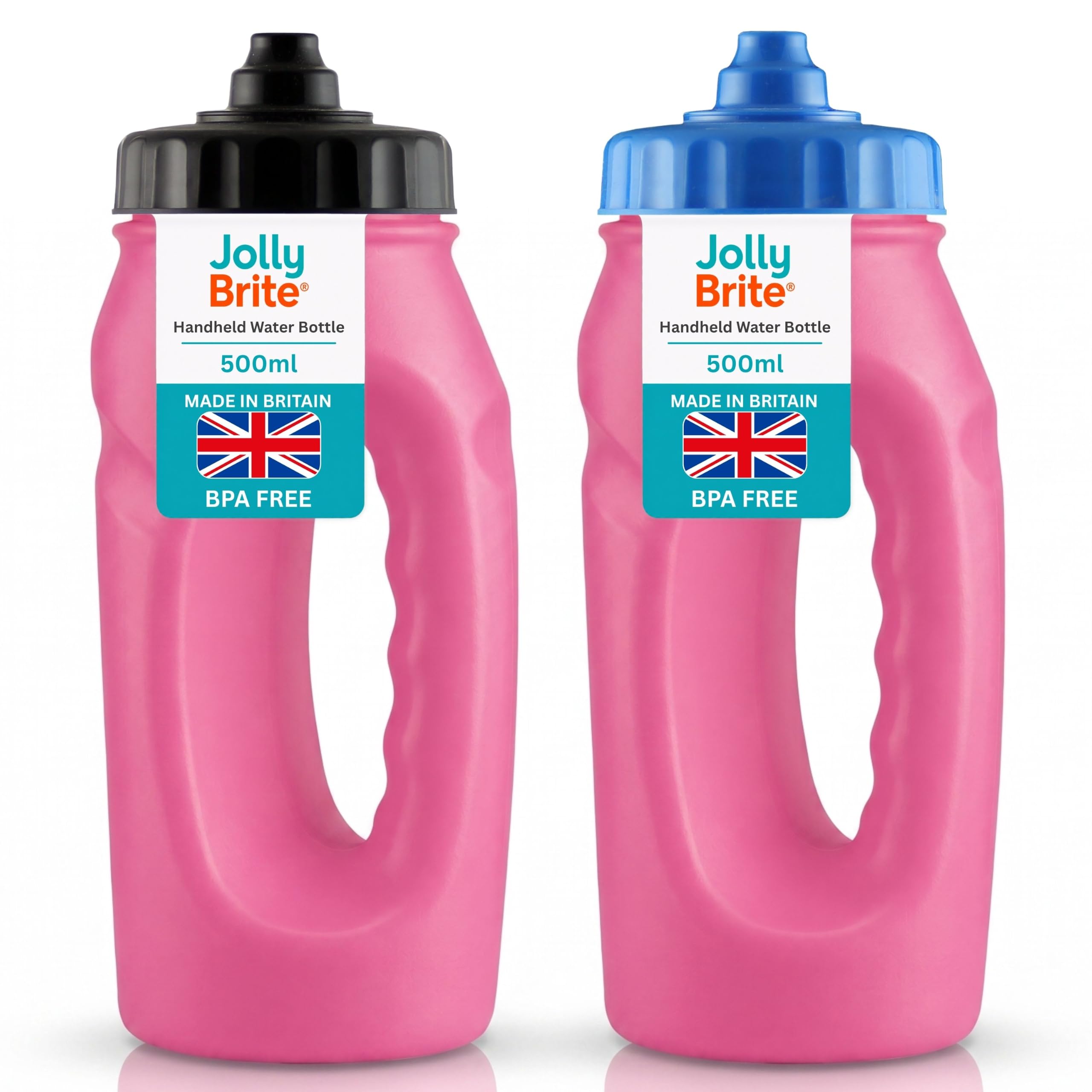 Jolly Brite 500ml Pink Running Bottle with Hand Grip, Black/Blue Valve Lids