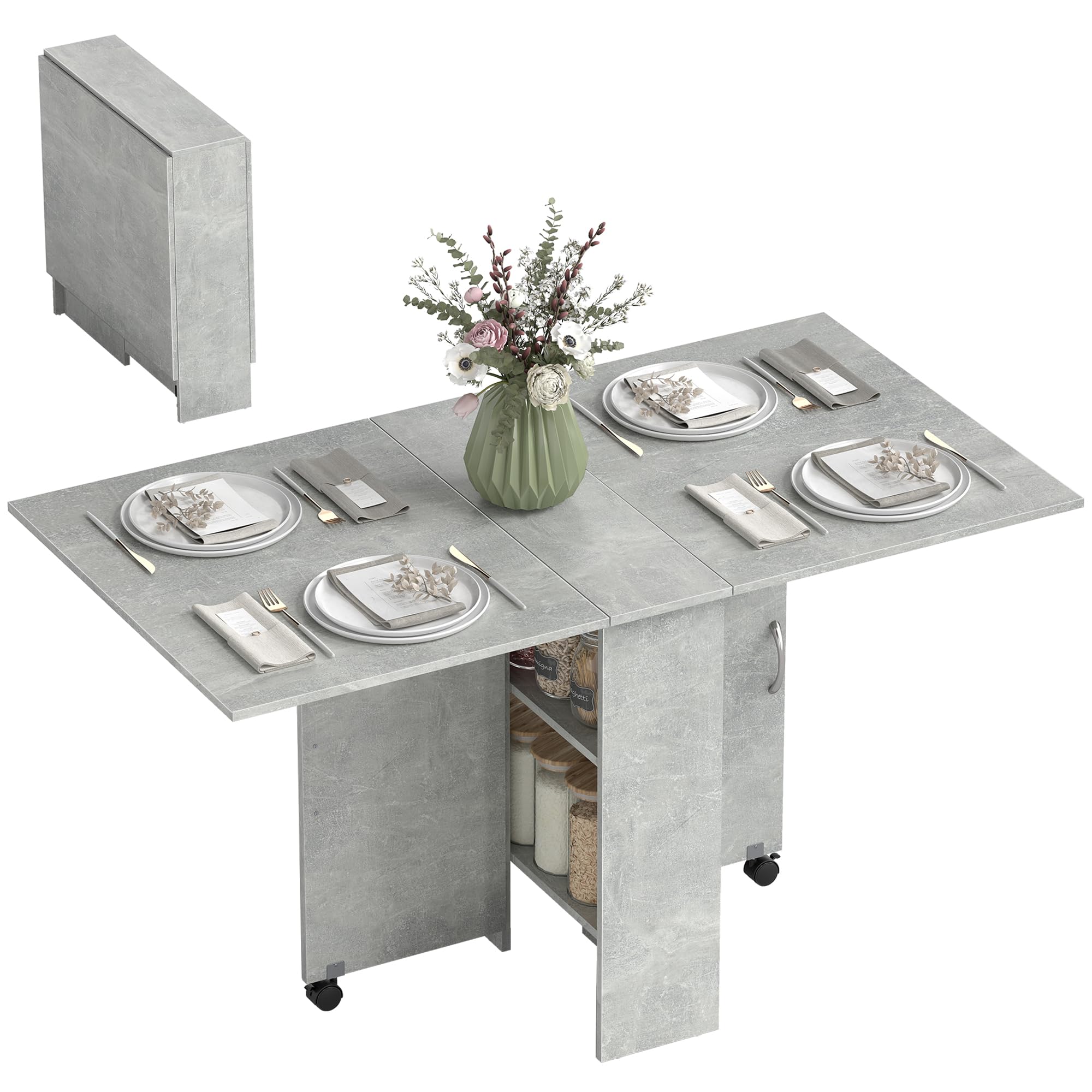 HOMCOM Folding Dining Table, Drop Leaf Table with 2-Tier Shelves, Rolling Casters, for Small Spaces, Kitchen, Cement Grey