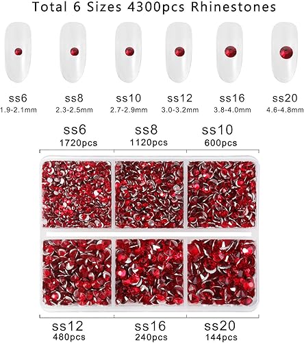 Miniatura 3 de Beadsland 4300 diamantes de imitación con parte trasera plana, gemas de diamantes de imitación rojos para uñas para manualidades, mezcla de 6